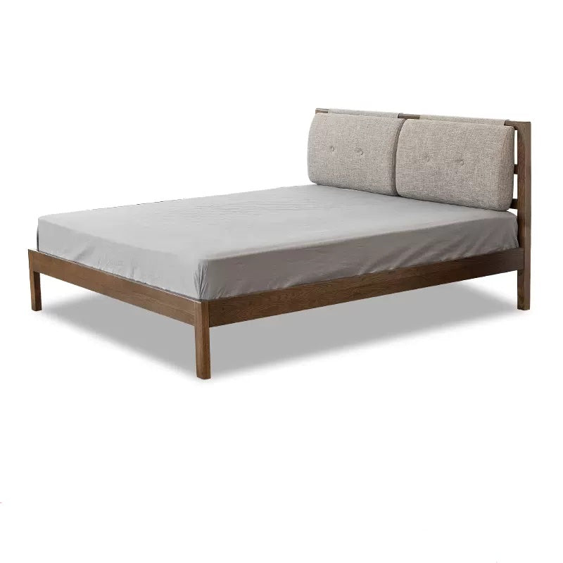 Stylish Bed with Natural Oak, Pine & Cotton-Ramie Upholstery – Elegant Brown, Off White & Gray Finish hym-630