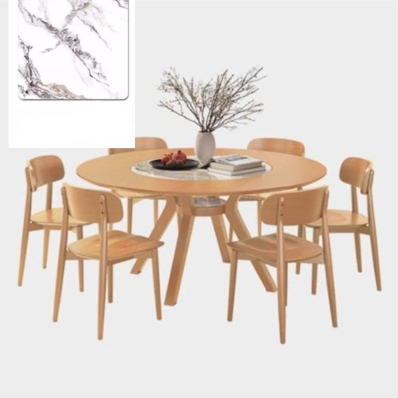 Modern Round Ash Wood Dining Table with Sintered Stone Top for 6 Seaters 4 Legs fmbs-005