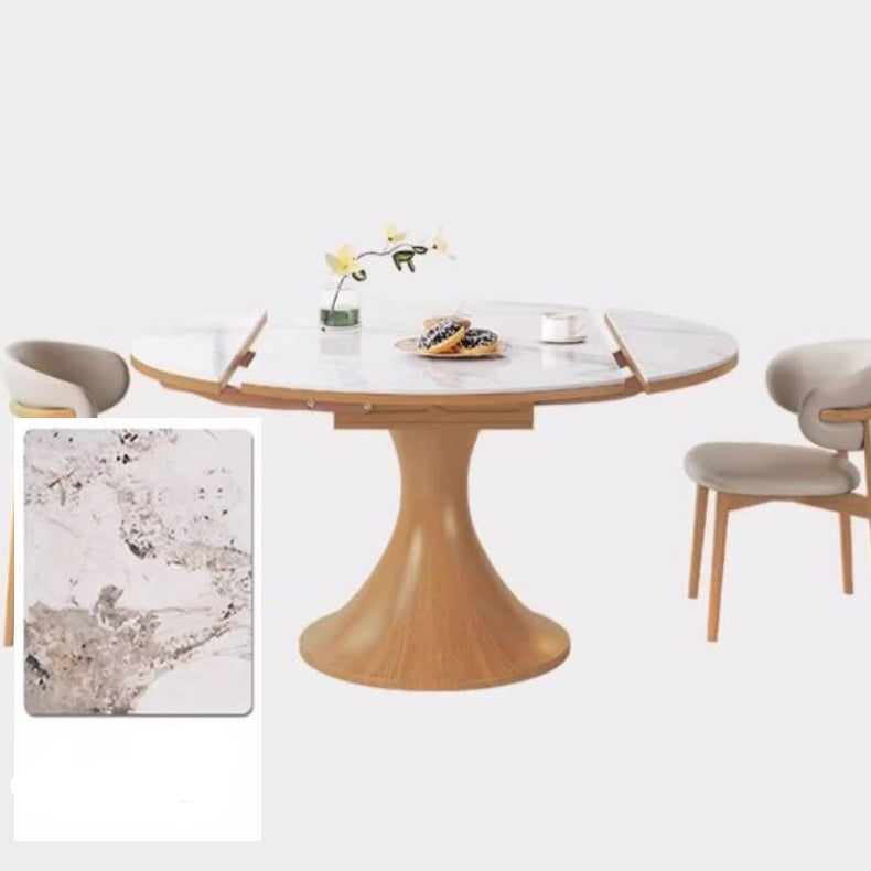 Modern Round Oak Wood Dining Table with Extendable Sintered Stone Top & Pedestal for 6-8 People fmbs-003