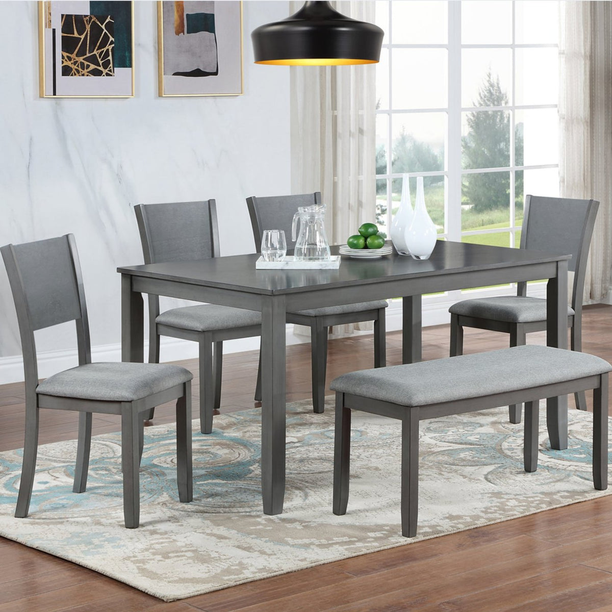 6 Piece Kitchen Dining Set, Rectangular Wooden Dining Table with 4 Upholstered Chairs and a Bench, Dining Table Set for 6 People, Living Room, Home Bar and Kitchen, Gray