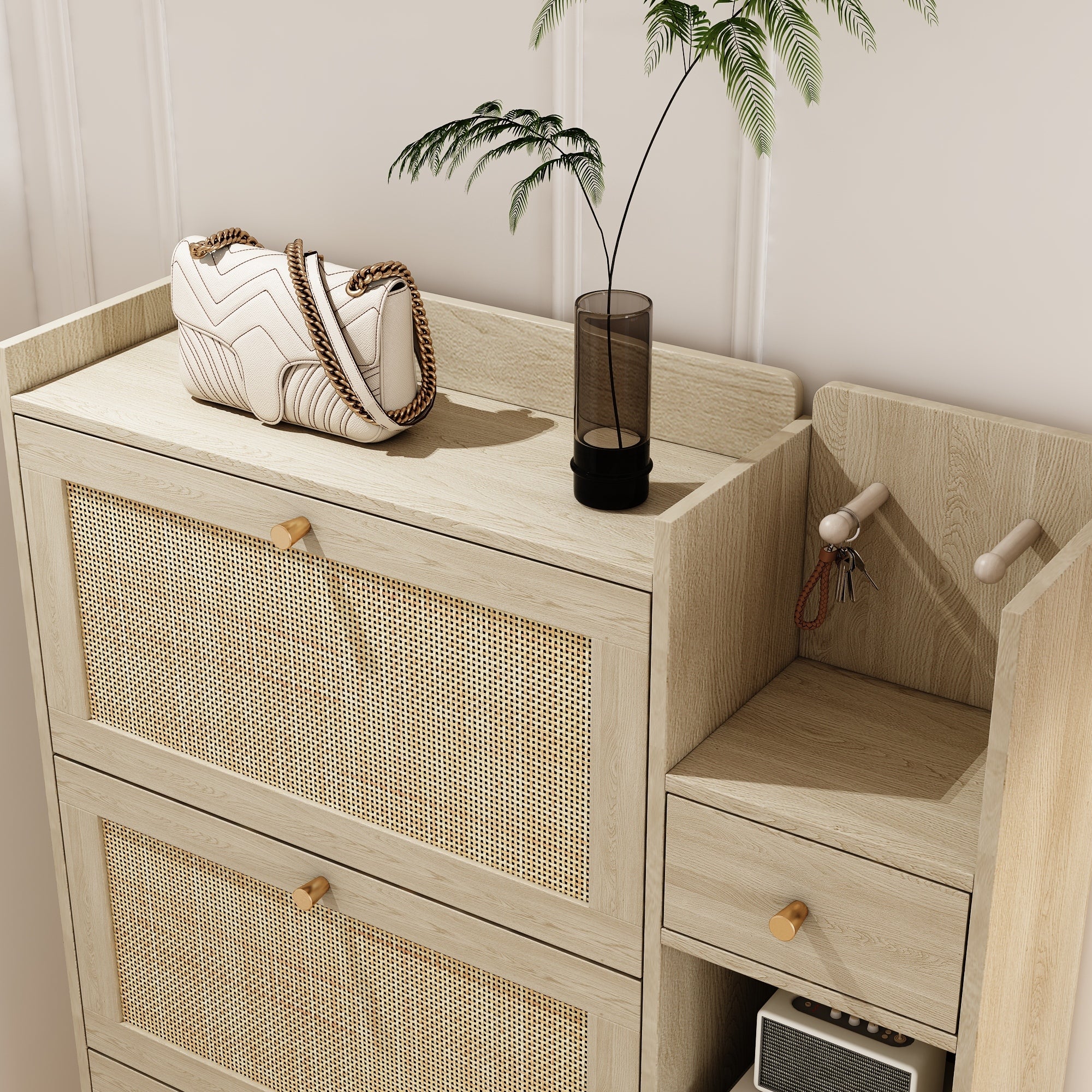 Boho Shoe Cabinet with 3 Rattan Flip Drawers & Storage, Natural