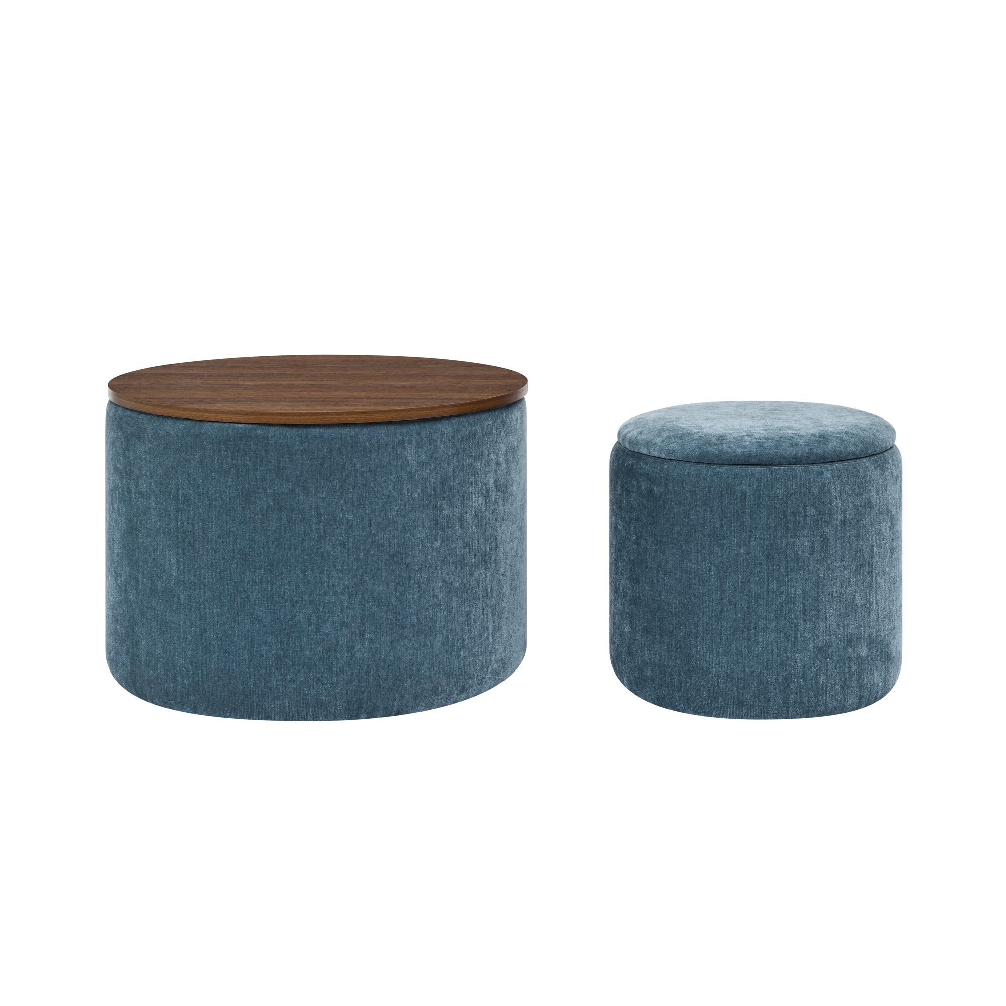 2-Piece Set Round Chenille Storage Ottoman, Equipped with a Drum Shaped Small Stool, Storage Space, and MDF Made Desktop Panel (Dark Blue23.62"x23.62"x16.53")