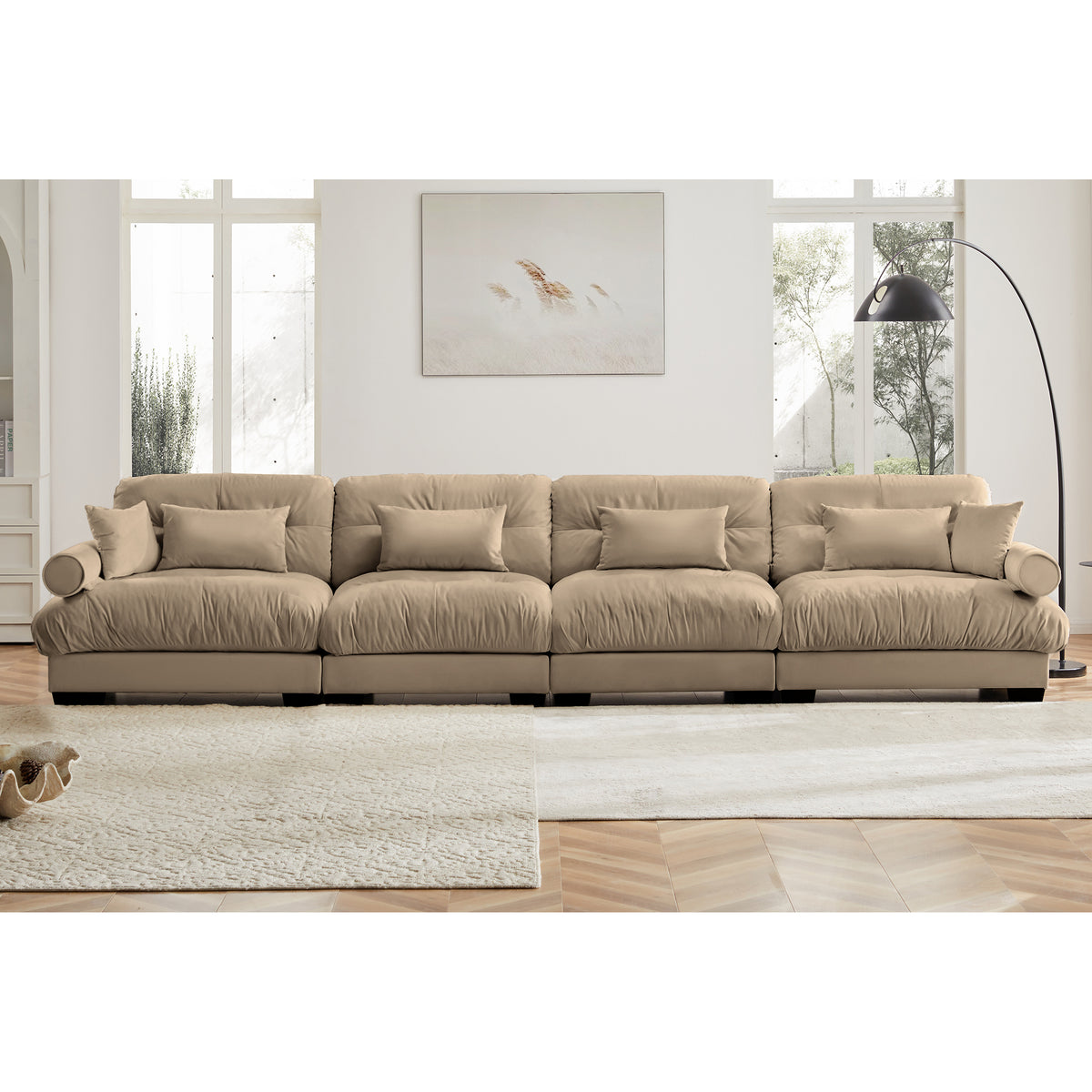 Oversized 4-Seater Velvet Sectional Sofa with Ottoman, Deep Seat Cloud Couch for Living Room, Camel