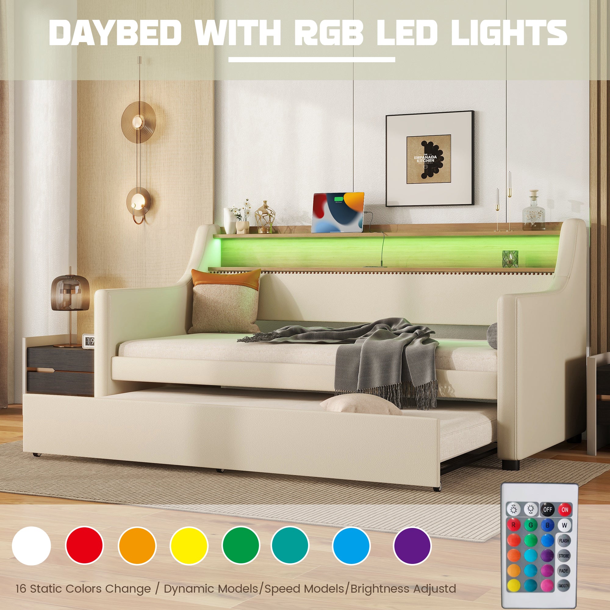 Twin Size Daybed with Trundle, Upholstered Sofa Bed with Charging Station and LED Lights, Beige