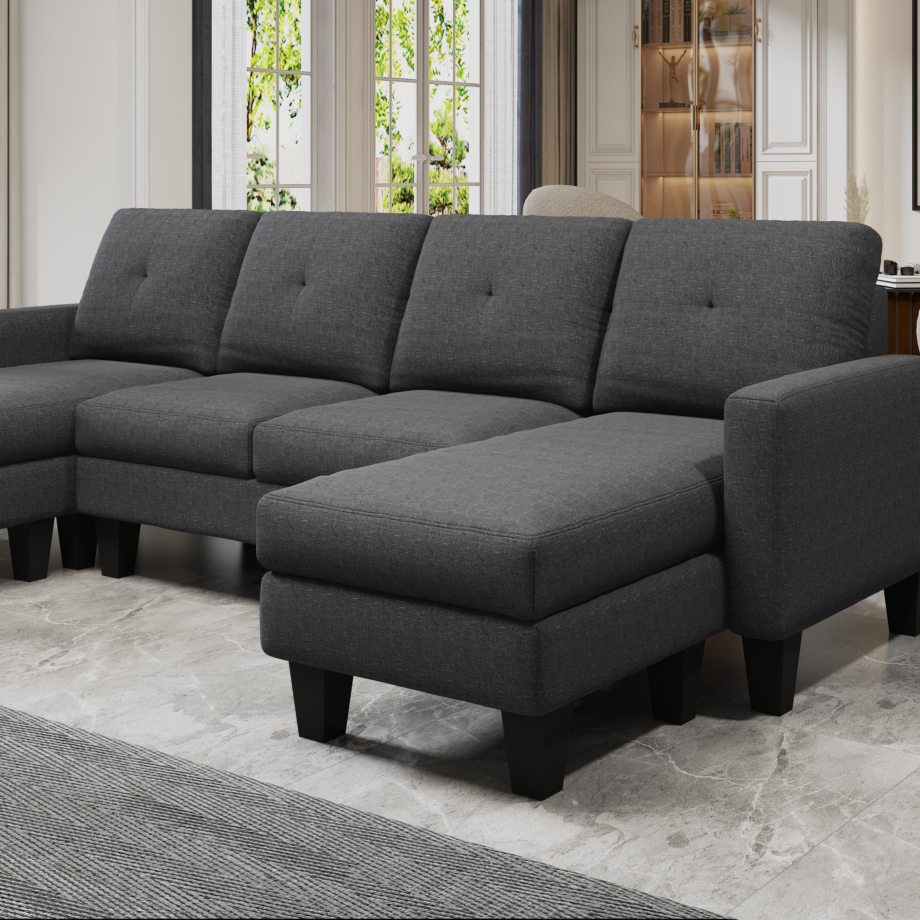 U-Shaped Sofa Coch 4-Seat Sofa with Chaise Polyester Fabric for Living Room Apartment Office (Dark Grey)