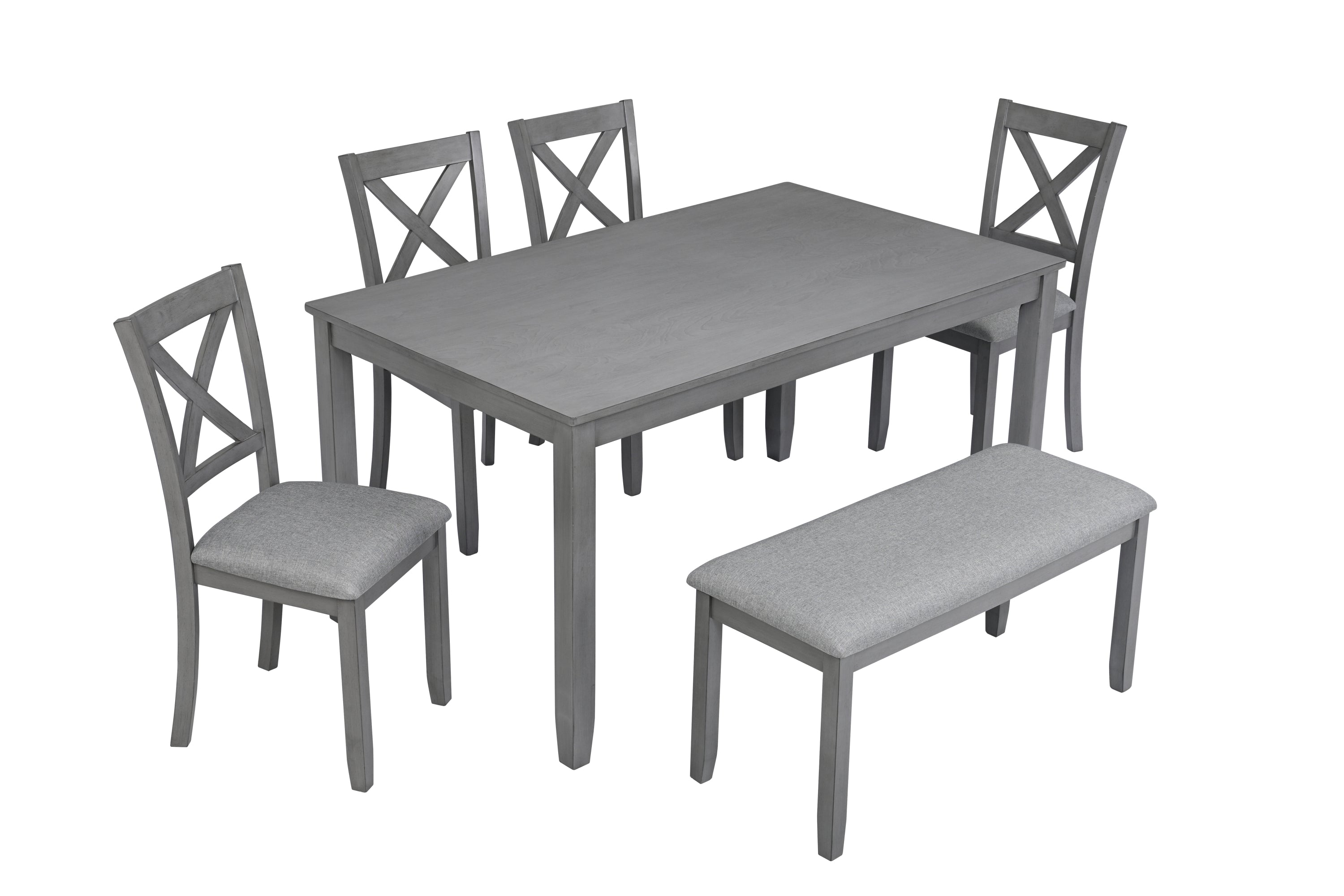 6 Piece Kitchen Dining Set, Rectangular Wooden Dining Table with 4 Upholstered Chairs and a Bench, Dining Table Set for 6 People, Living Room, Home Bar and Kitchen, Gray