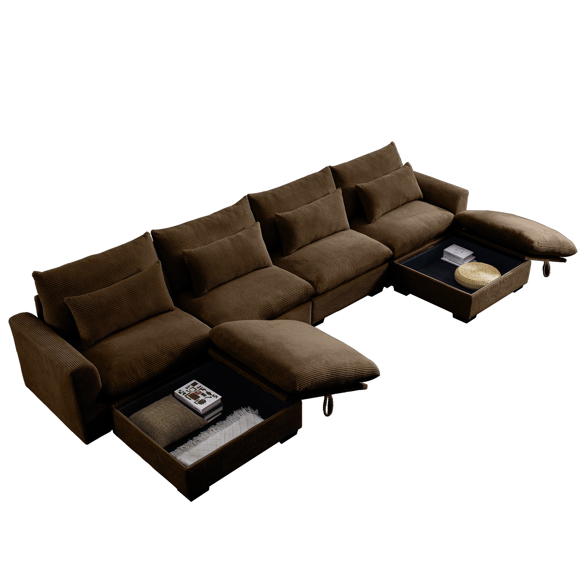 Big Deep Seat U-Shaped Corduroy Sectional Couches for Living Room, 4 Seater Sofa Couch with 2 Storage Footstool and 4 Waist Pillows (Corduroy, Brown)