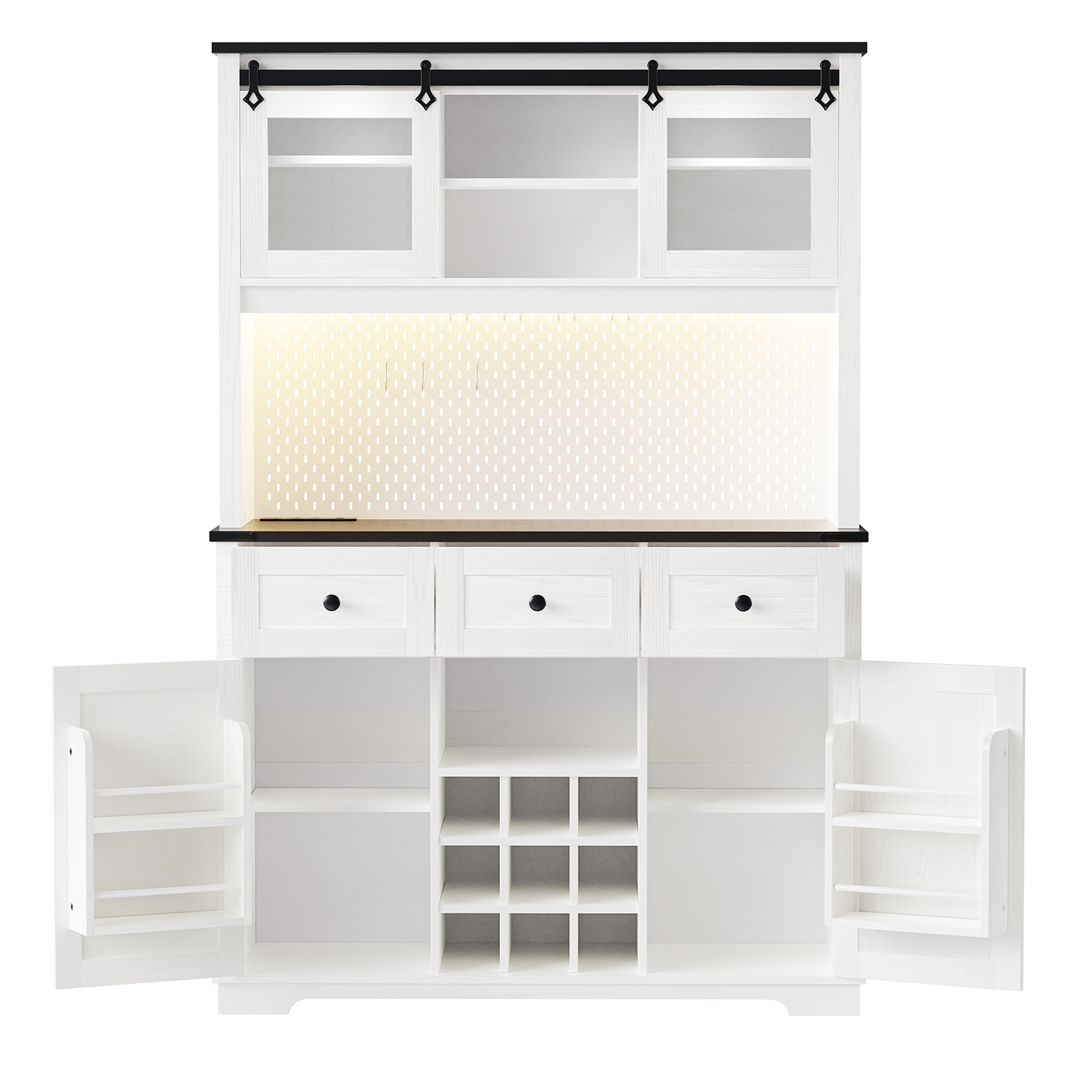 K&K 71" Kitchen Island with Hutch, Sliding Door, Pegboard, Wine & Glasses Rack, Rustic Coffee Bar Storage Cabinet, White