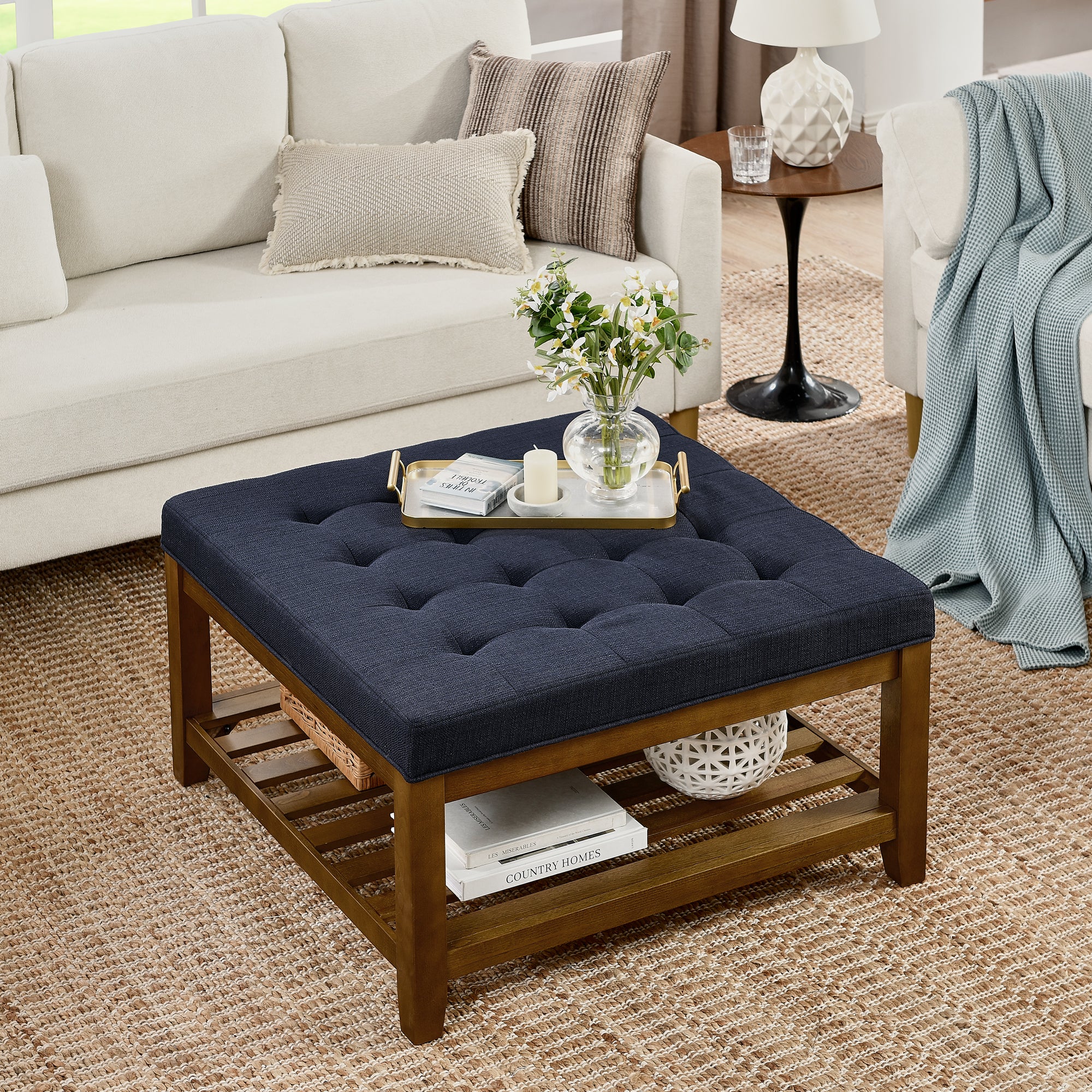 Tufted Upholstered Square Coffee Table Ottoman with Beech Wood Shelf, Oversized Footrest for Living Room, Navy Blue