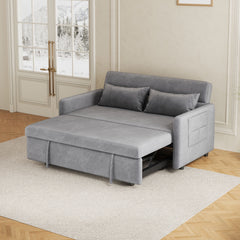 Modern 54" Gray Pull-Out Sofa With Two Pillows Velvet Loveseat For Small Living Room