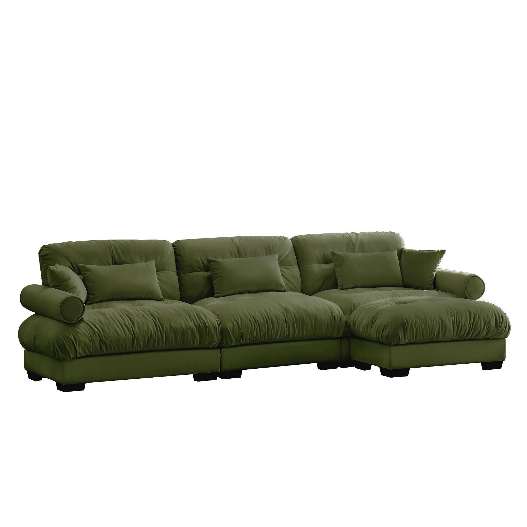 Oversized Modular Velvet Sectional Sofa with Ottoman, Deep Seat L-Shaped Cloud Couch for Living Room, Olive green