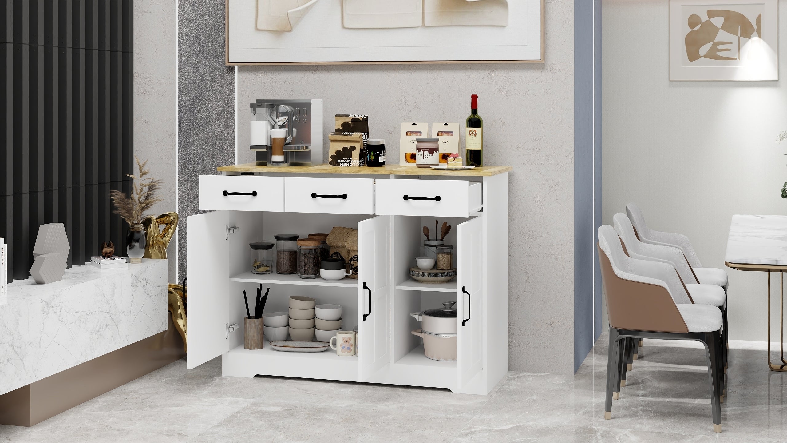 Farmhouse Buffet Cabinet Storage Sideboard with 3 Drawers and 3 Doors for Dining Living Room Kitchen Cupboard-White