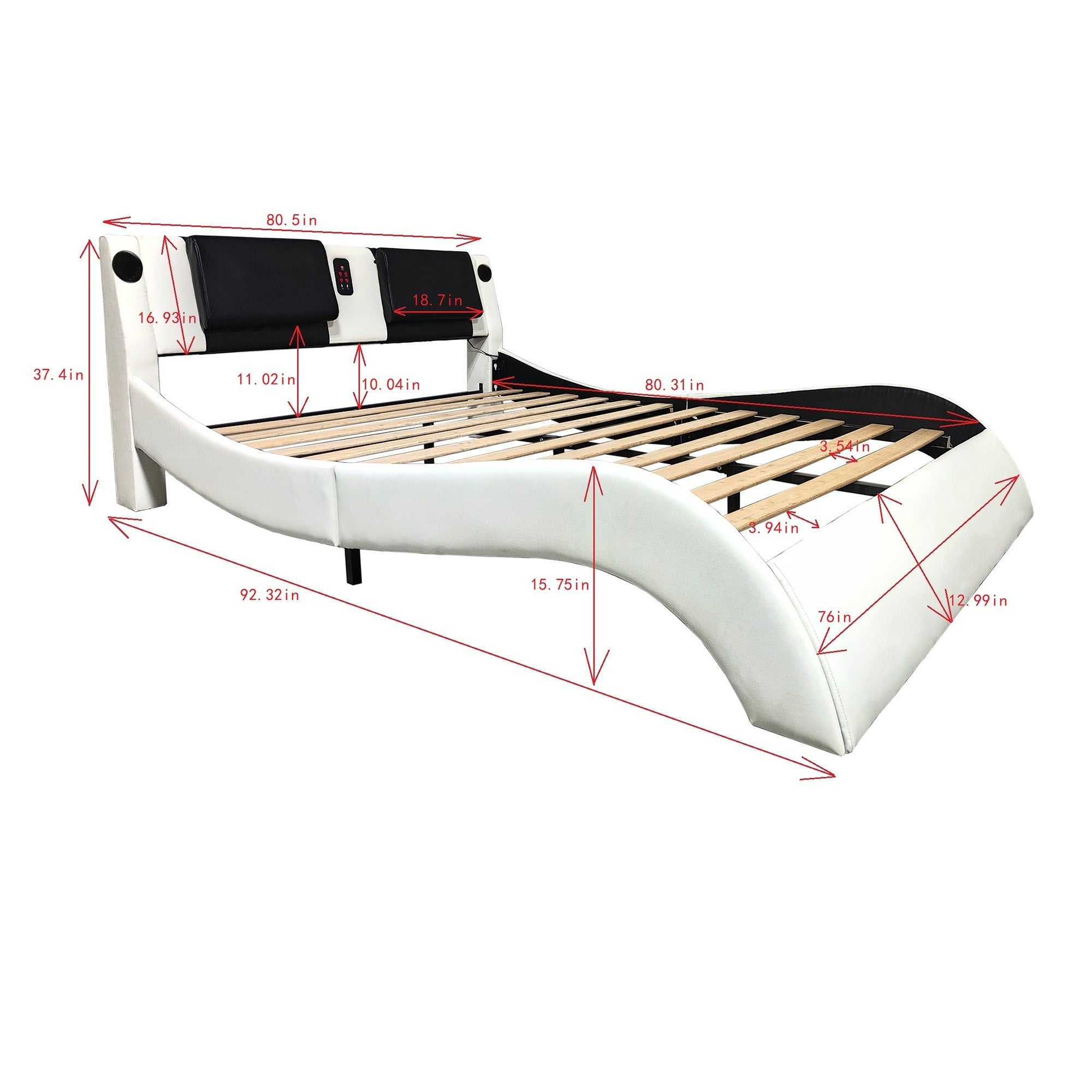 Faux Leather Upholstered Platform Bed Frame with led lighting, Bluetooth connection to play music control, Backrest vibration massage, Curve Design, Wood Slat Support, Exhibited Speakers,King Size