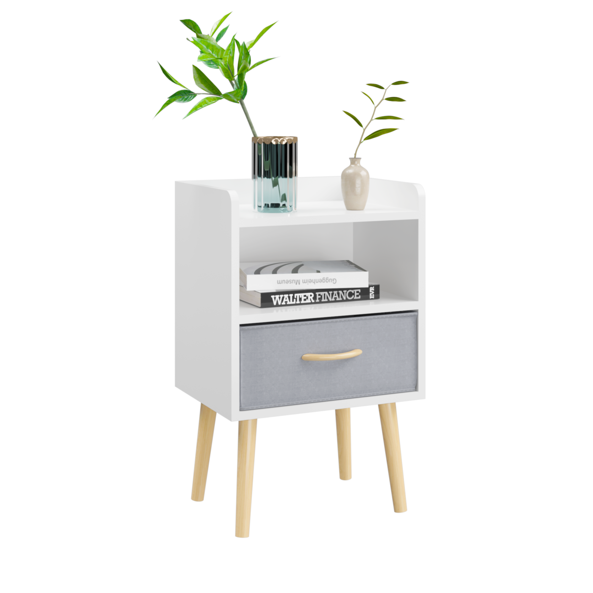 Nightstand With Collapsible Fabric Drawer, 2-Tier Storage End Table, Wood Side Table with Storage Cabinet for Kids, Adults - White