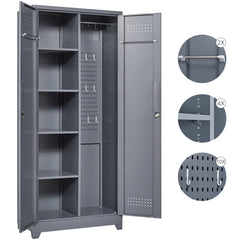 Metal Storage Cabinets, Cleaning Tool Cabinet with Locking Door, Tall Broom Tool Organizer and Storage, Large Storage Cabinet for Kitchen, Pantry, Office, Shop