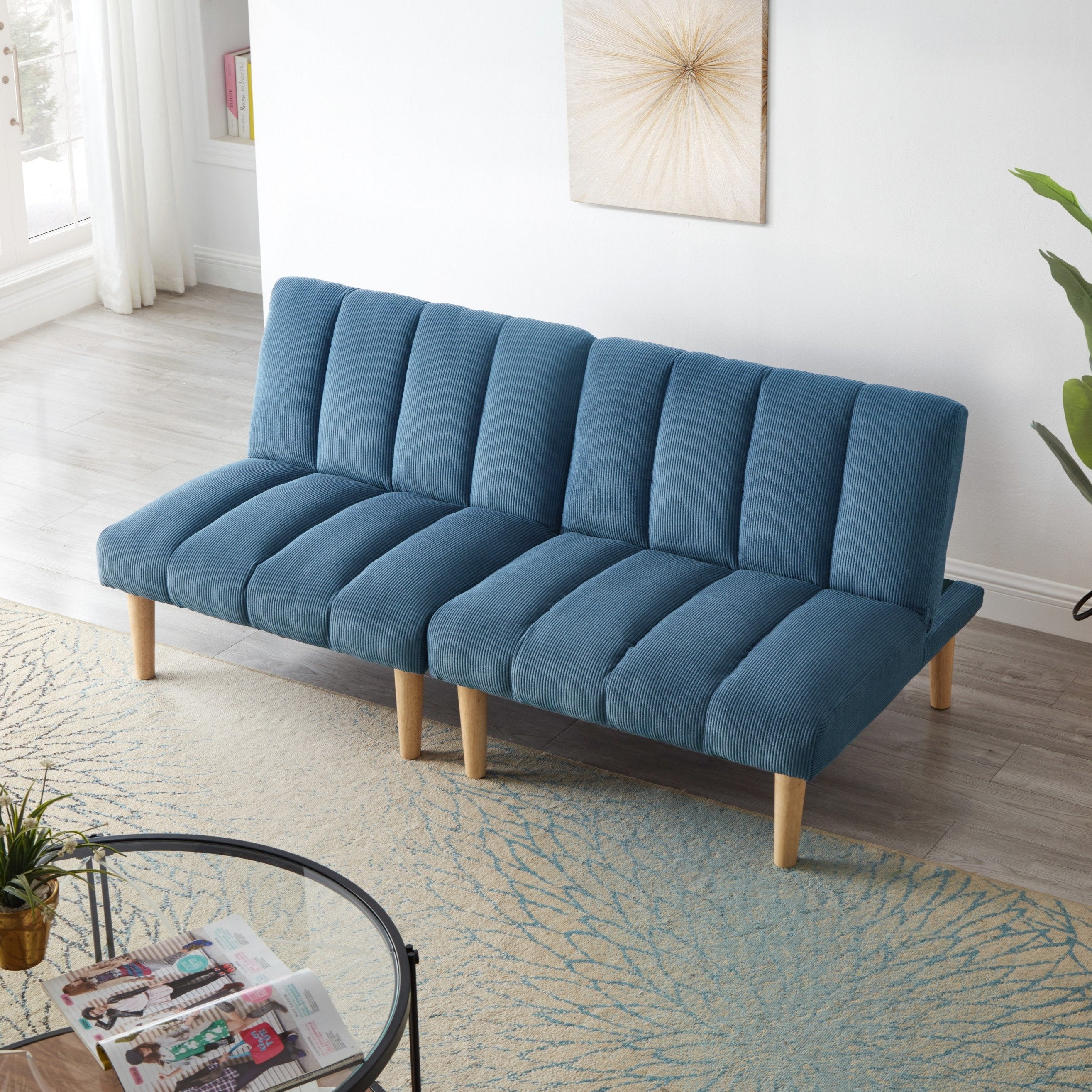 Corduroy fabric, wooden legs convertible sofa bed (Color:Blue)