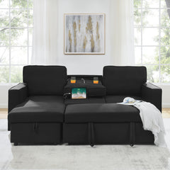 Linen Upholstered Sleeper Sectional Sofa, Shaped Modular Convertible Sofa with Storage Chaise,There are two cup holders in the middle and USB multi-interface function,Pull Out Sleep Couch Bed ,Black