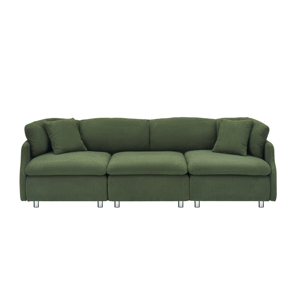 3-Seater Green Teddy Fleece Sofa With Two Throw Pillows - Spacious Design for Living Room