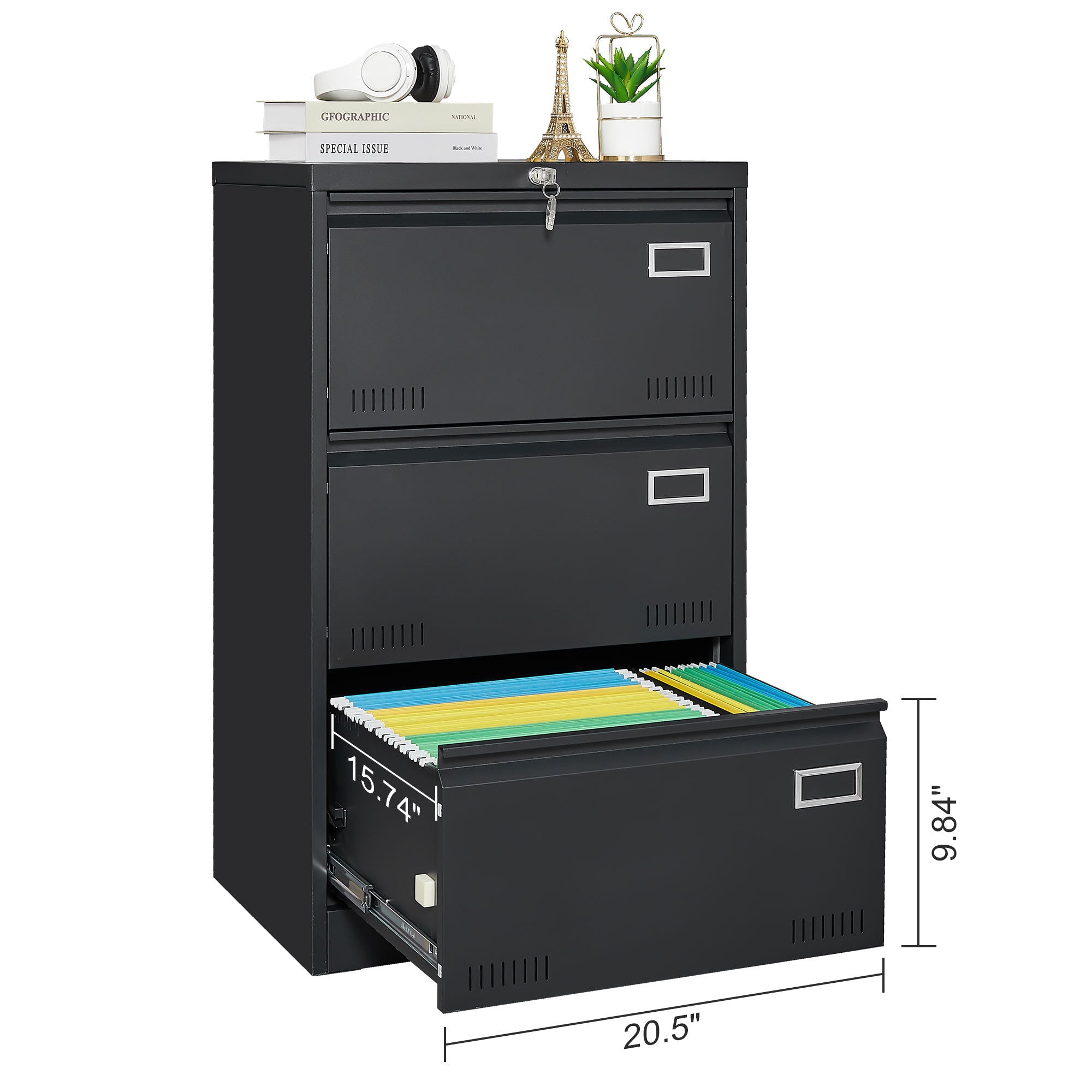 Filing Cabinet Lateral File Cabinet 3 Drawer, Blcak Locking Metal File Cabinets Three Drawer, Office Filing Cabinet with Lock Drawers for Home Office/Legal/Letter/A4/F4