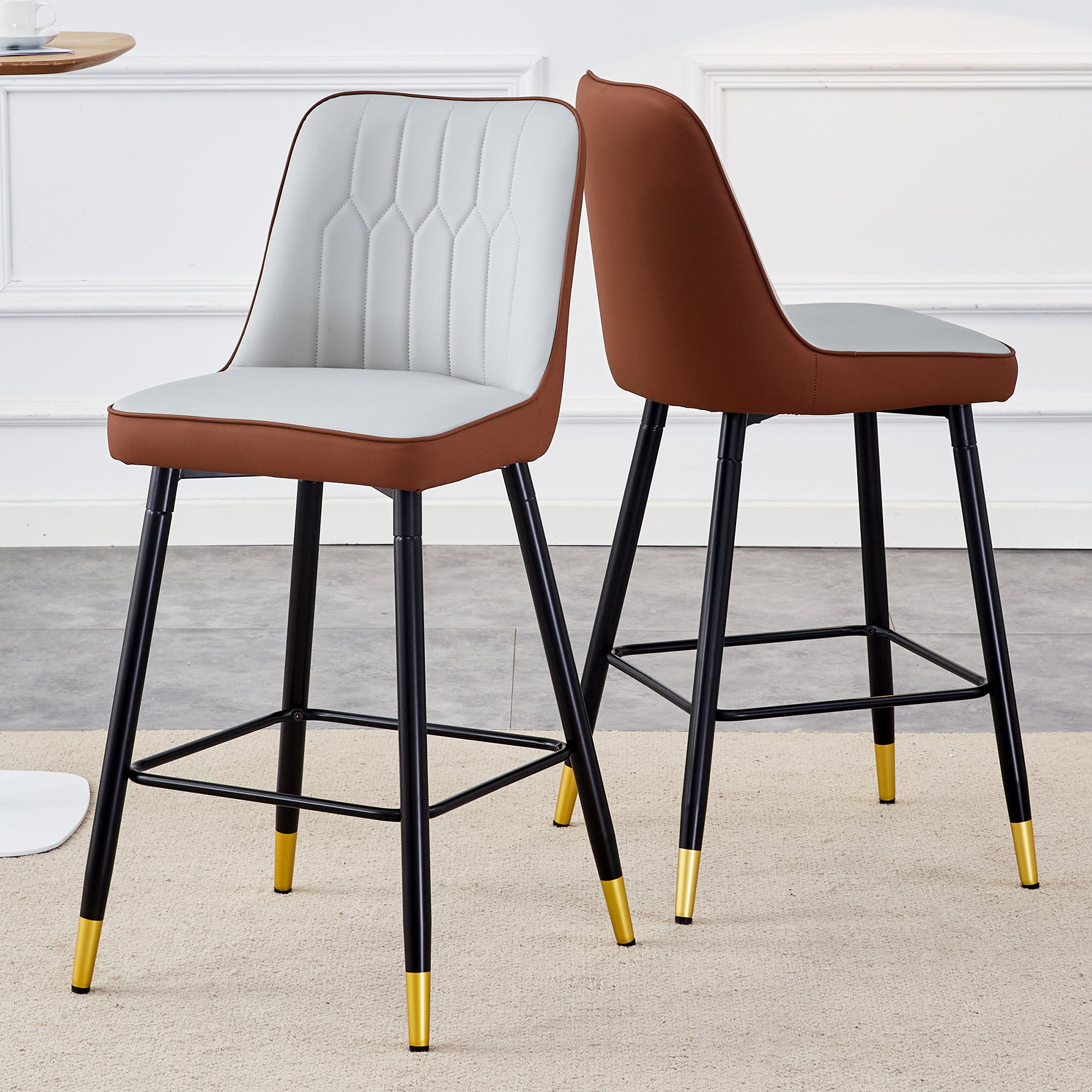 Modern Two-Tone PU Bar Stool Set of 2 - Brown and Light Gray Spliced Design with Gold Decorated Legs