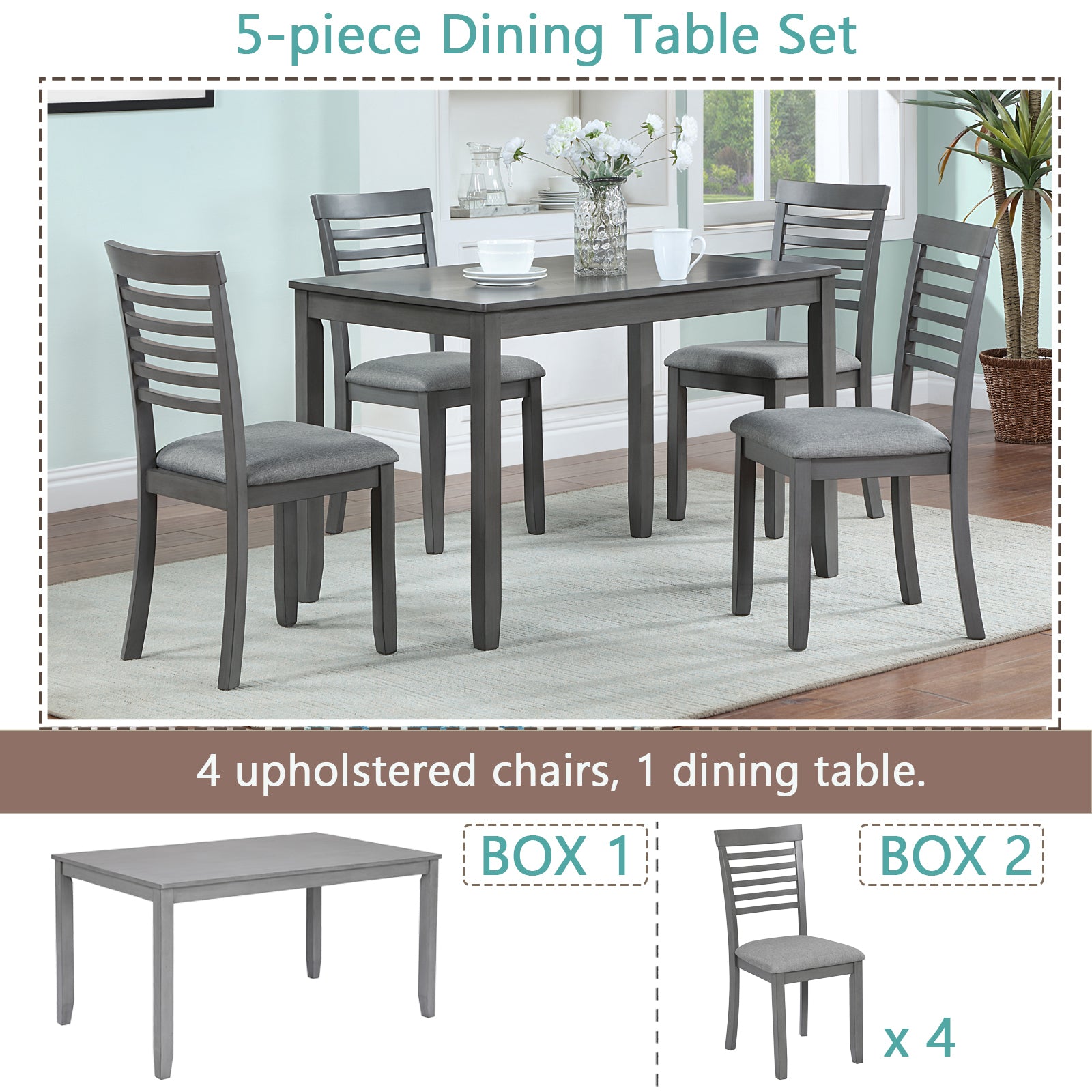 5 Piece Modern Dining Set, Rectangular Wooden Dining Table with 4 Upholstered Chairs for Kitchen, Dining Room, Gray