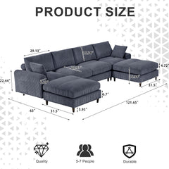 6-Seat Corduroy Modular Sofa, U/L Shape with Footstool – Gray