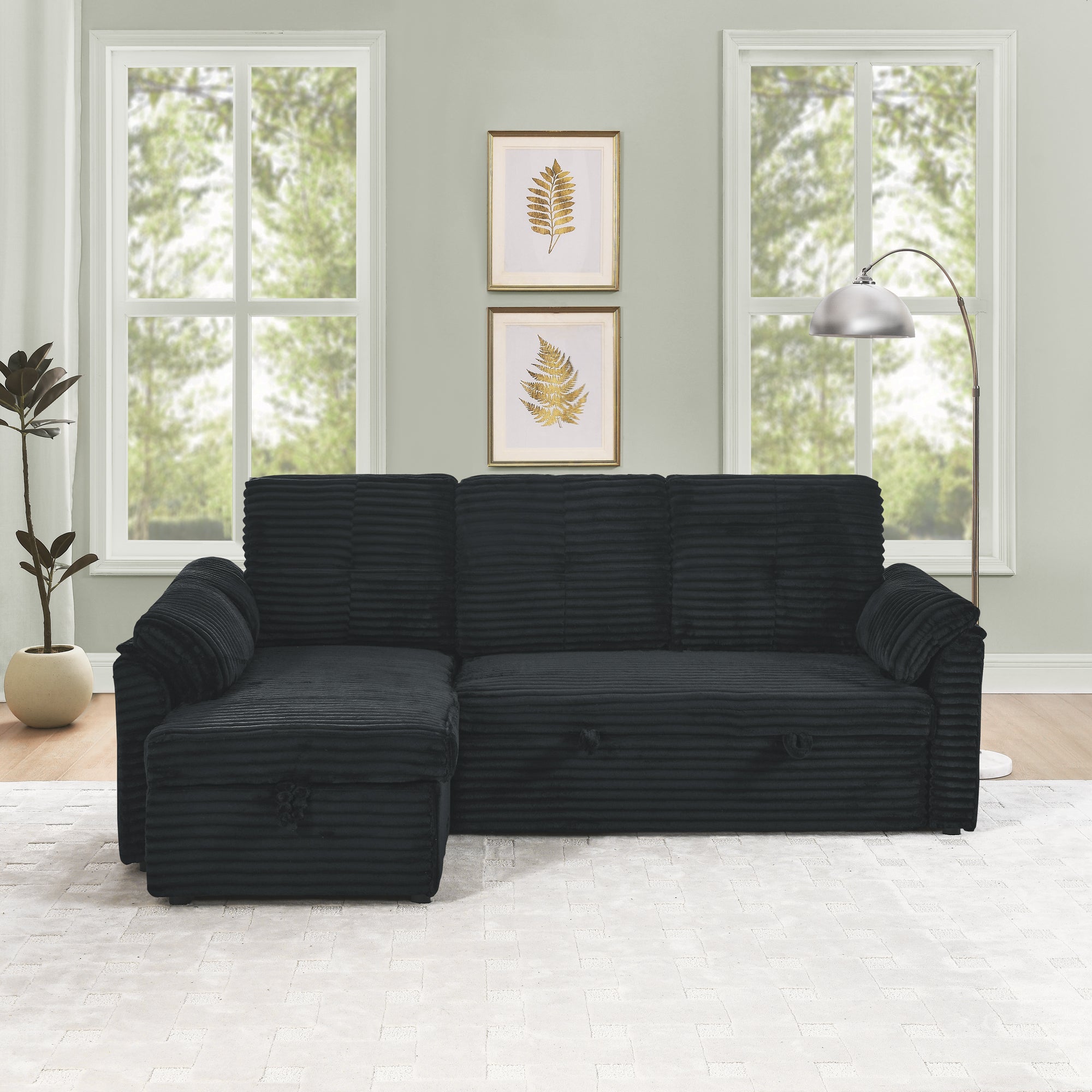 Corduroy Tufted Upholstered Sleeper Sectional Sofa, L-Shaped Modular Convertible Sofa with Reversible Storage Chaise, Pull Out Sleep Couch Bed and Reclining Backrest Perfect for Living Space, Black