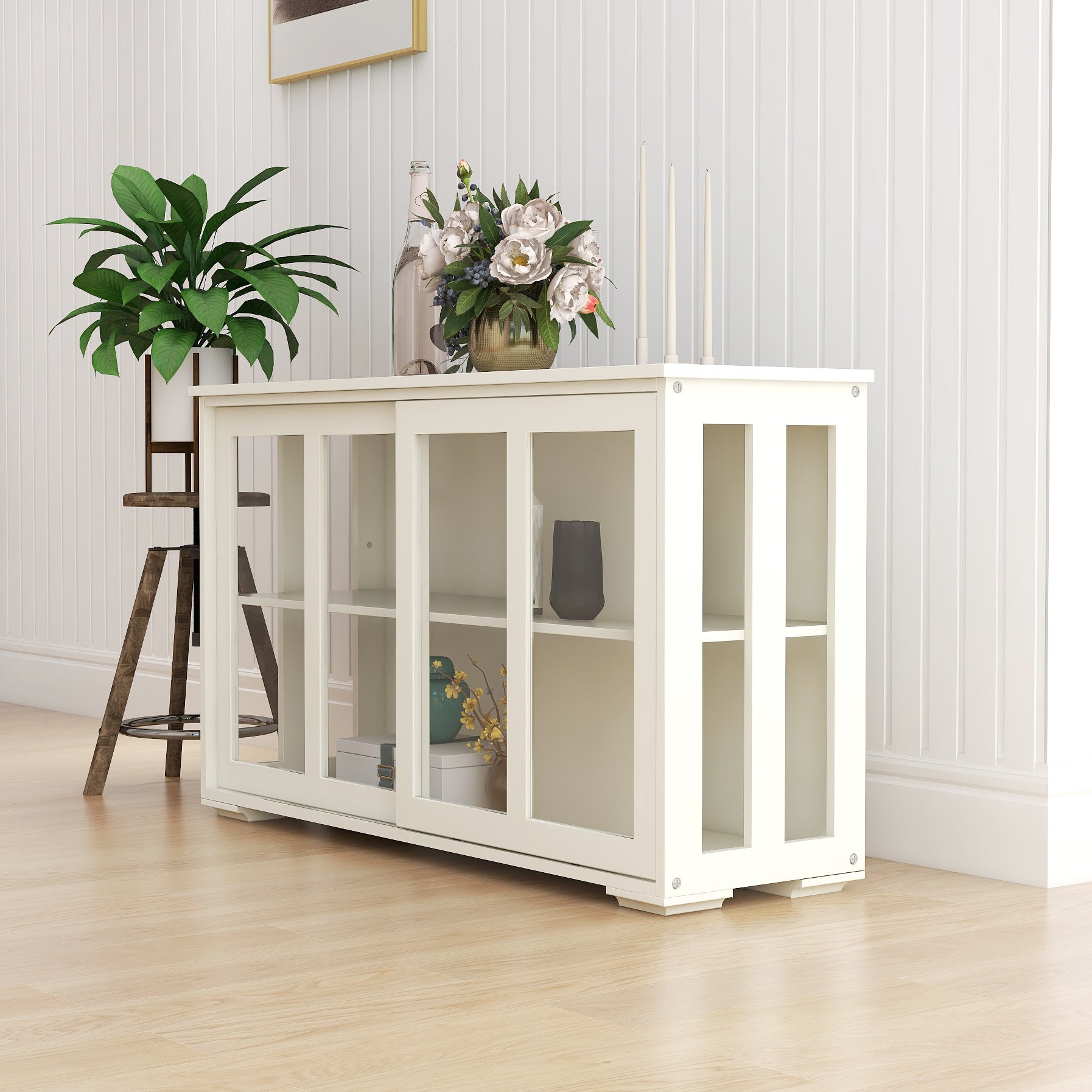 Kitchen Storage Stand Cupboard With Glass Door-White