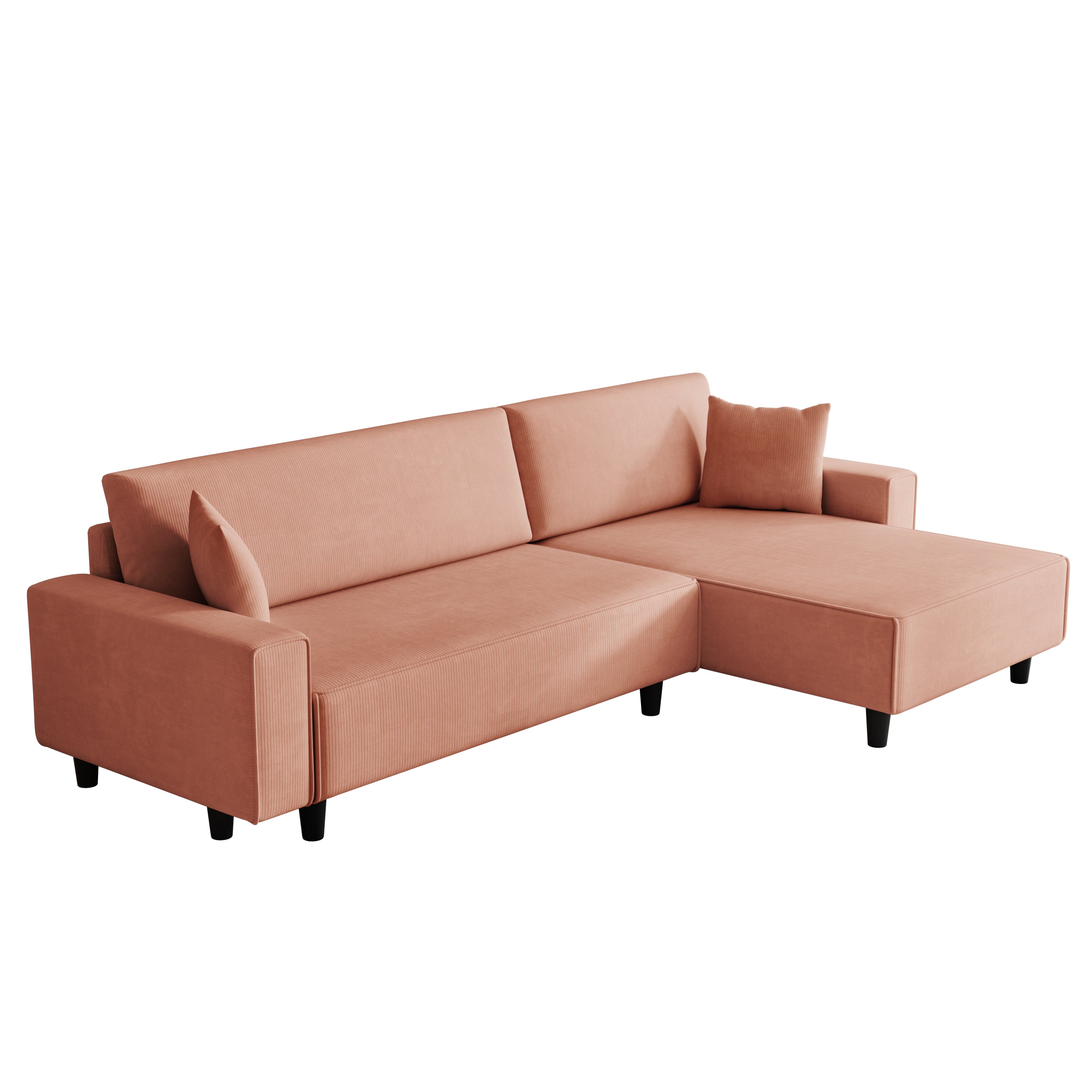 Modern 3-Seater Orange Corduroy Sofa Bed with Two Pillows - Sectional L-Shaped Sofa with Storage