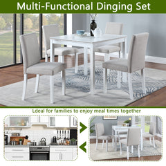 5 Piece Wooden Dining Table Set, Kitchen Table Set with a Square Table and 4 Upholstered Chairs, Wooden Dining Room Table with Crystal Decoration and Chairs Set for Kitchen, Dining Room, White