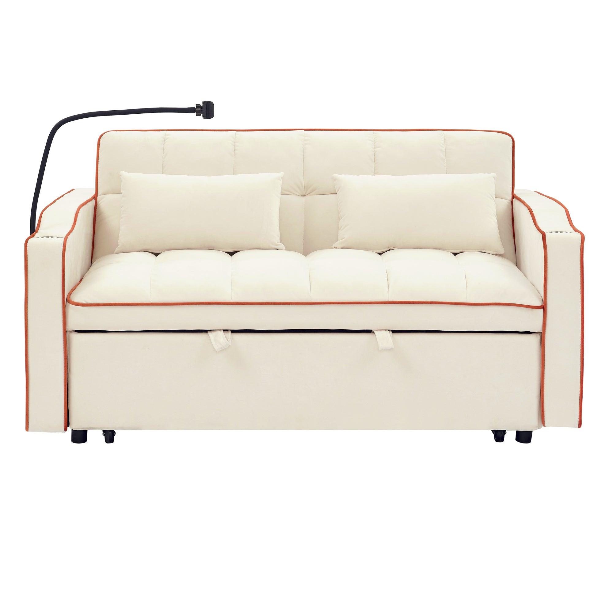 55.51" Foldable Velvet Sofa Bed with Adjustable Back, Pull-Out Design with USB Port, Ashtray, and Swivel Phone Stand, Beige