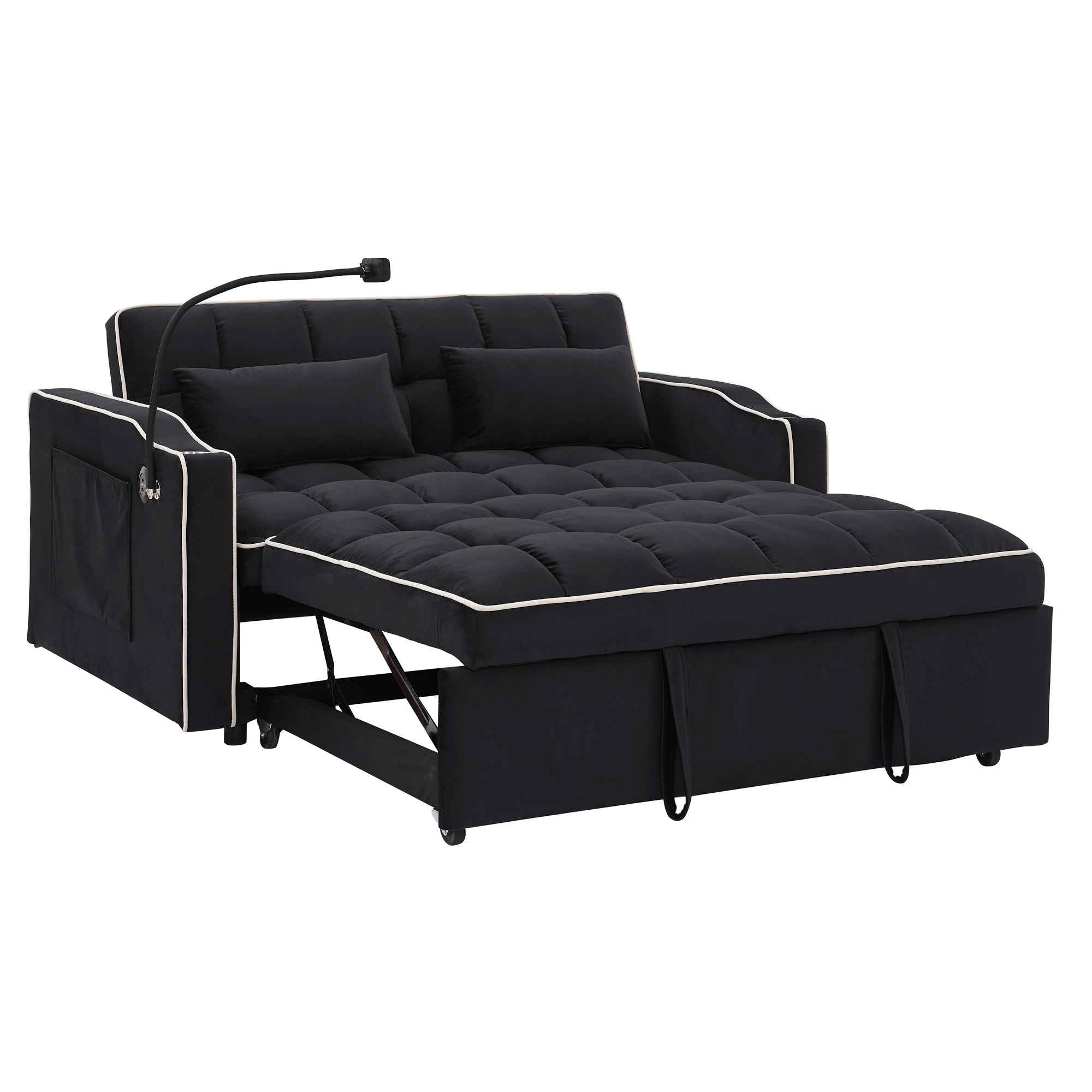 55.51" Foldable Velvet Sofa Bed with Adjustable Back, Pull-Out Design with USB Port, Ashtray, and Swivel Phone Stand, Black