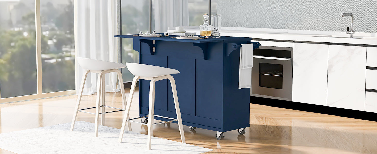 K&K 53.2''  Kitchen Island with Drop Leaf, Kitchen Storage Cart with Spice Rack, Towel Rack and 2 Drawers for Kitchen, Dining Room, Navy Blue