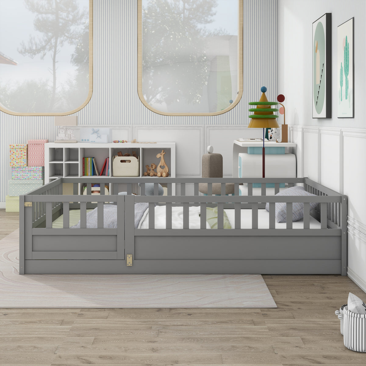 Full size  Floor bed, integral construction with super high security barrier, door, children's floor bed frame, Montessori wooden children's floor bed,  Grey