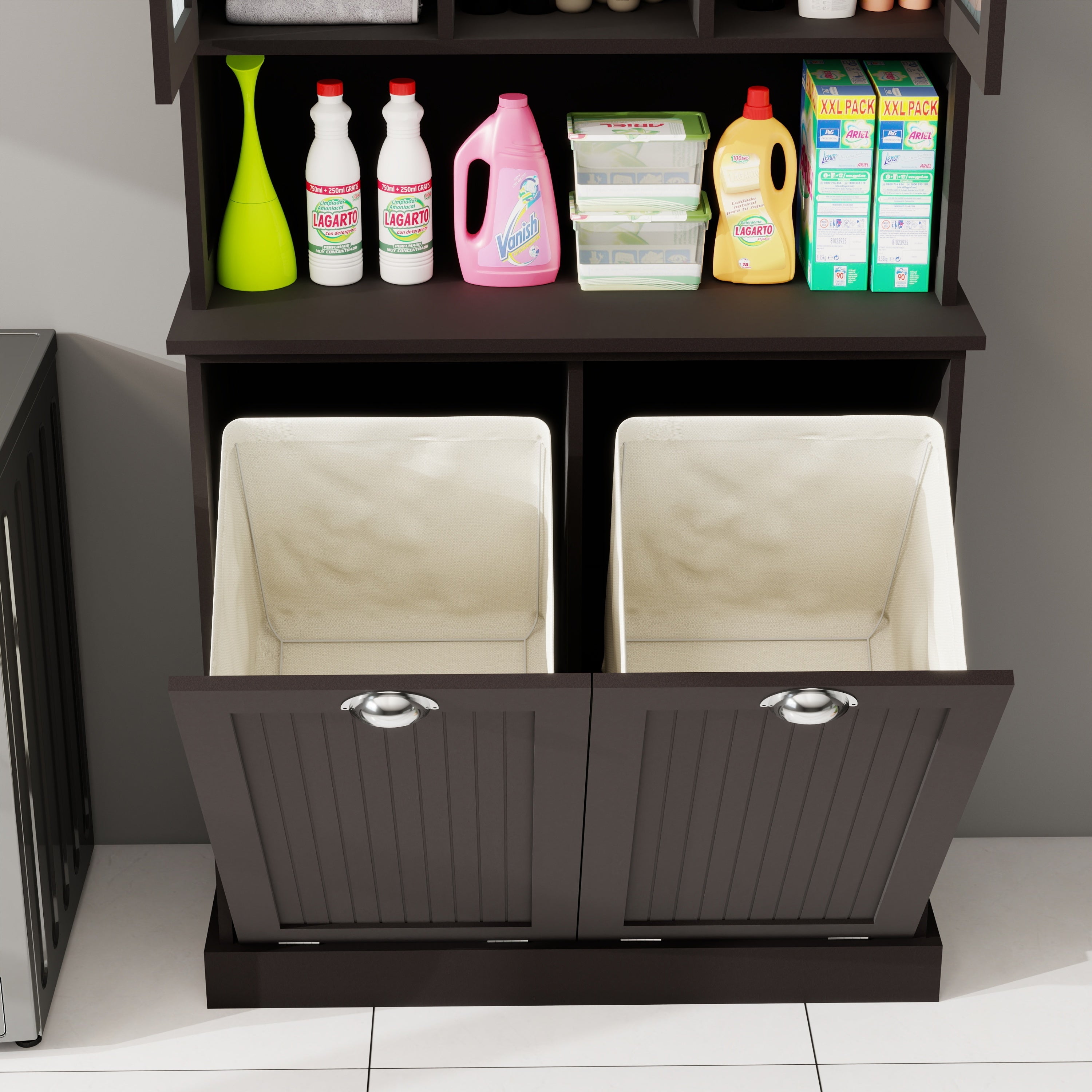 Two-Compartment Tilt-Out Dirty Laundry Basket Tall Bathroom Cabinet with 2 Adjustable Shelves-Black