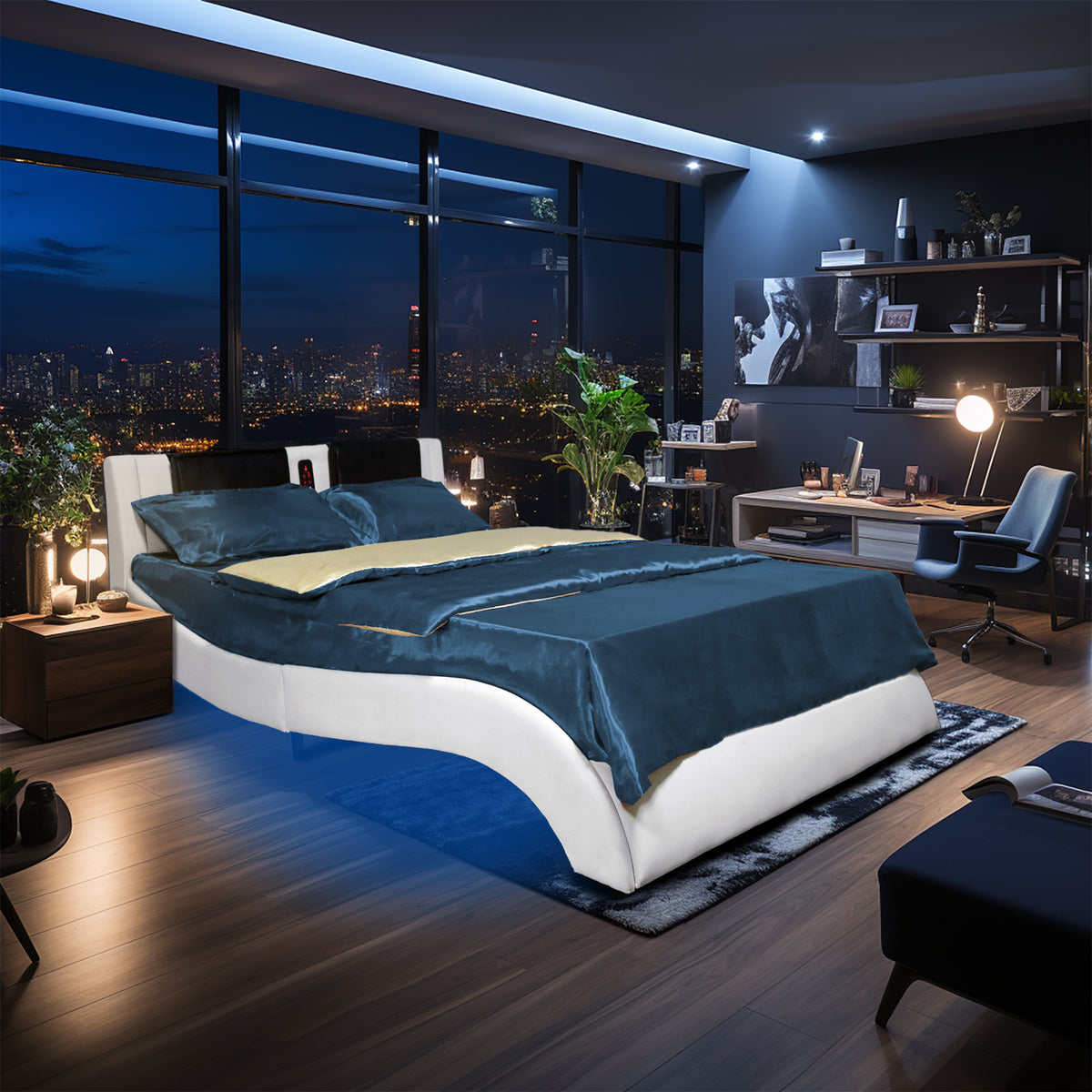 Faux Leather Upholstered Platform Bed Frame with led lighting, Bluetooth connection to play music control, Backrest vibration massage, Curve Design, Wood Slat Support, One-Carton Package, Queen