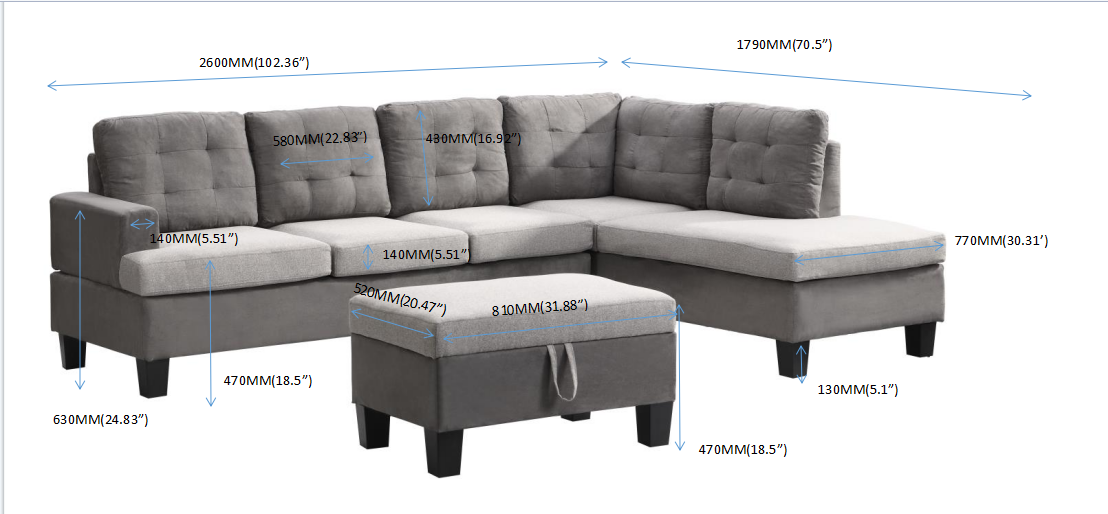 Sofa Set for Living Room with Chaise Lounge and Storage Ottoman Living Room Furniture Gray