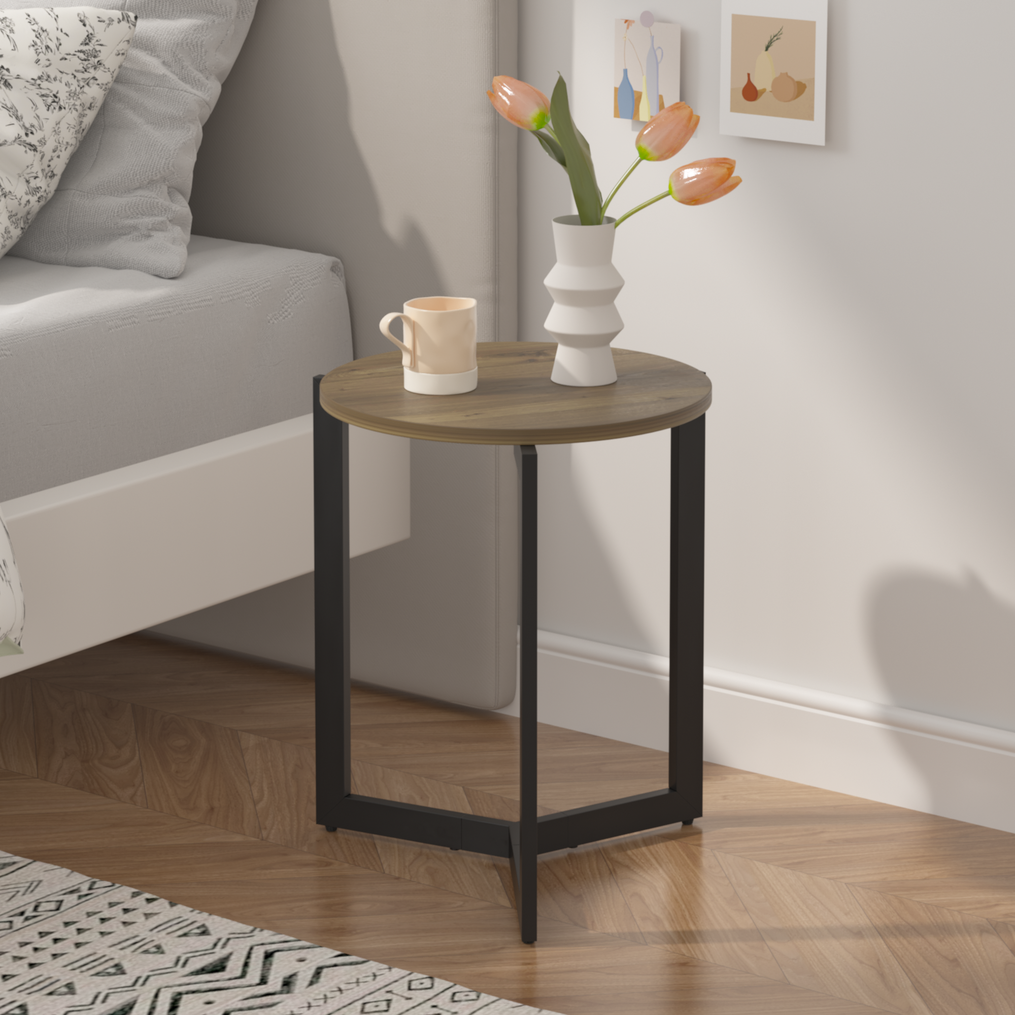 19.68''H Round Side Table, Round Accent End Table with Sturdy Metal Frame, Round Nightstand, for Living Room, Bedroom, Balcony, Office, Brown