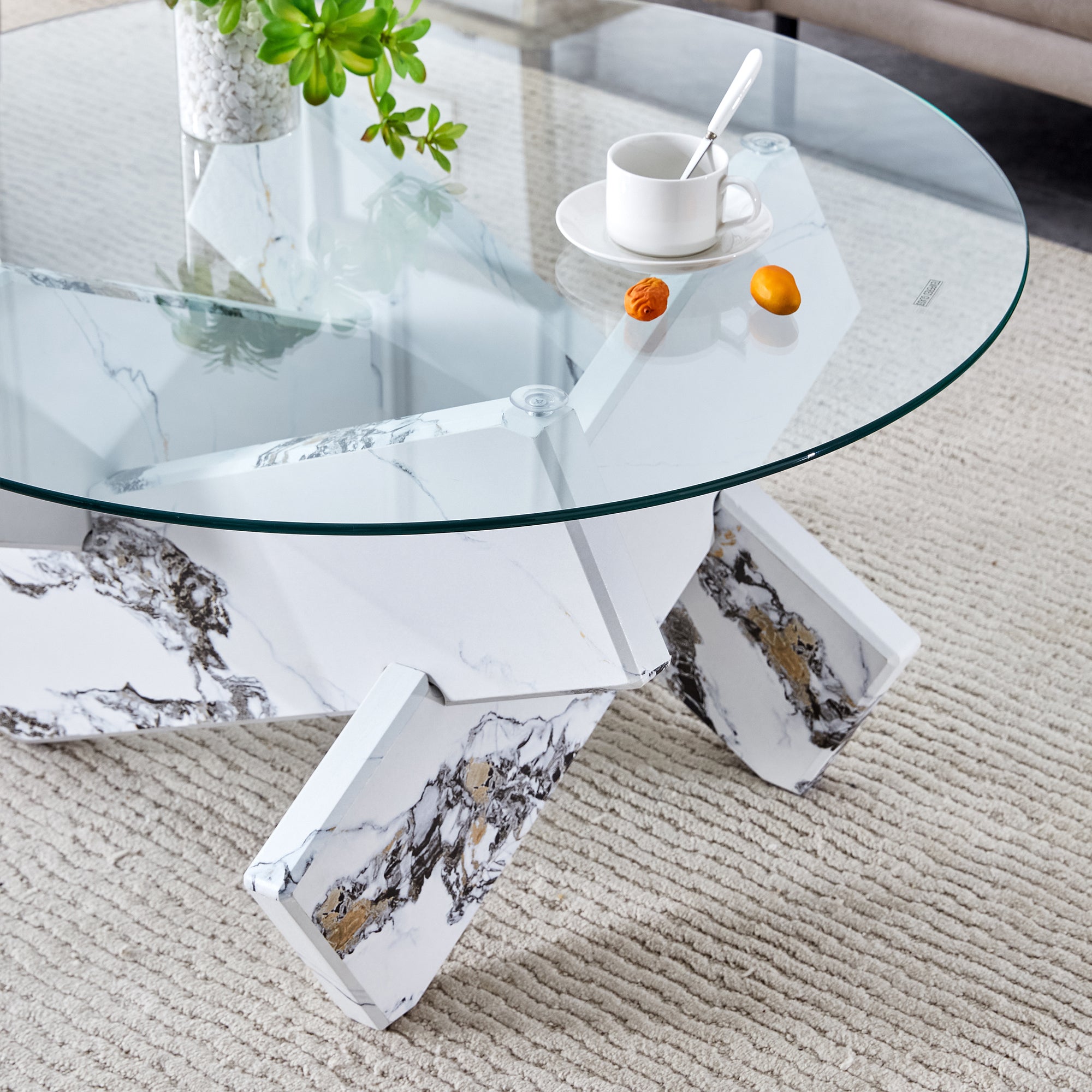 Modern 33.4" Round Glass Coffee Table with Tempered Glass Top & Cross Legs