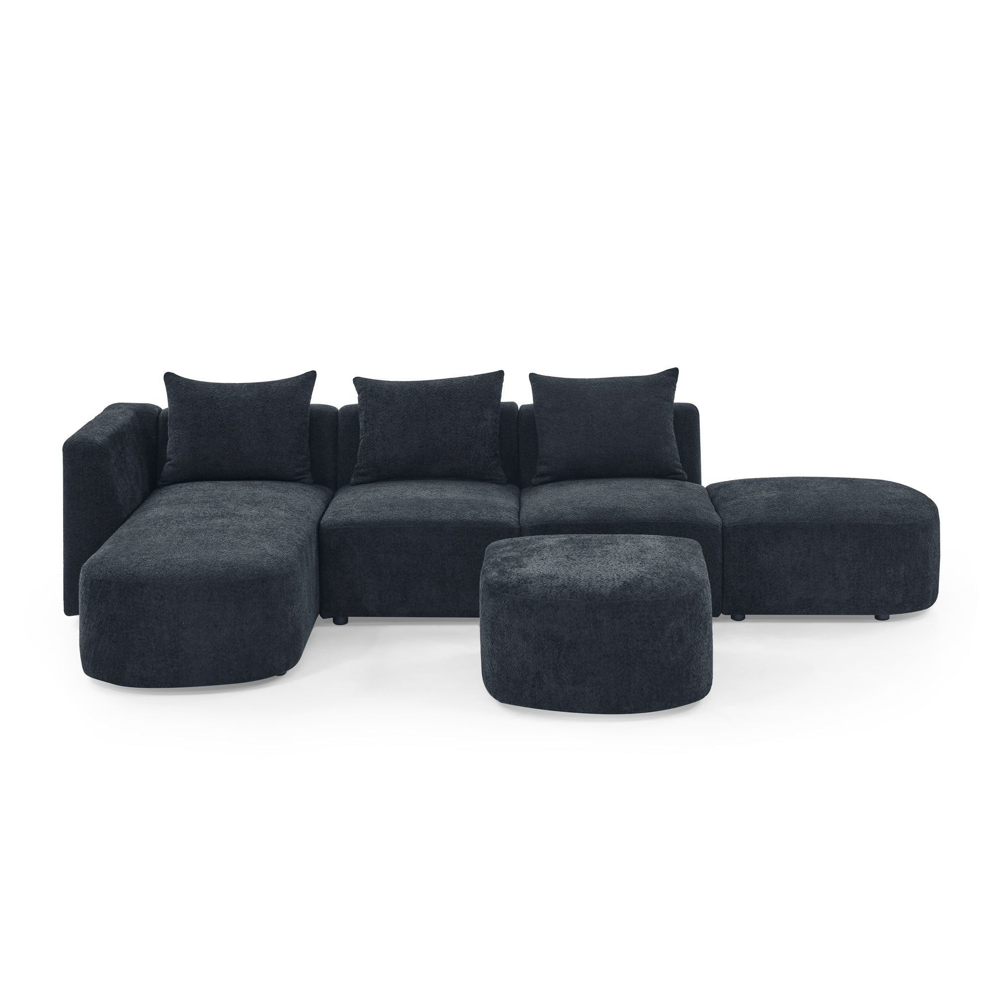 L Shape Sectional Sofa including Two Single Seats, Left Side Chaise and Two Ottomans, Modular Sofa, DIY Combination, Loop Yarn Fabric, Black