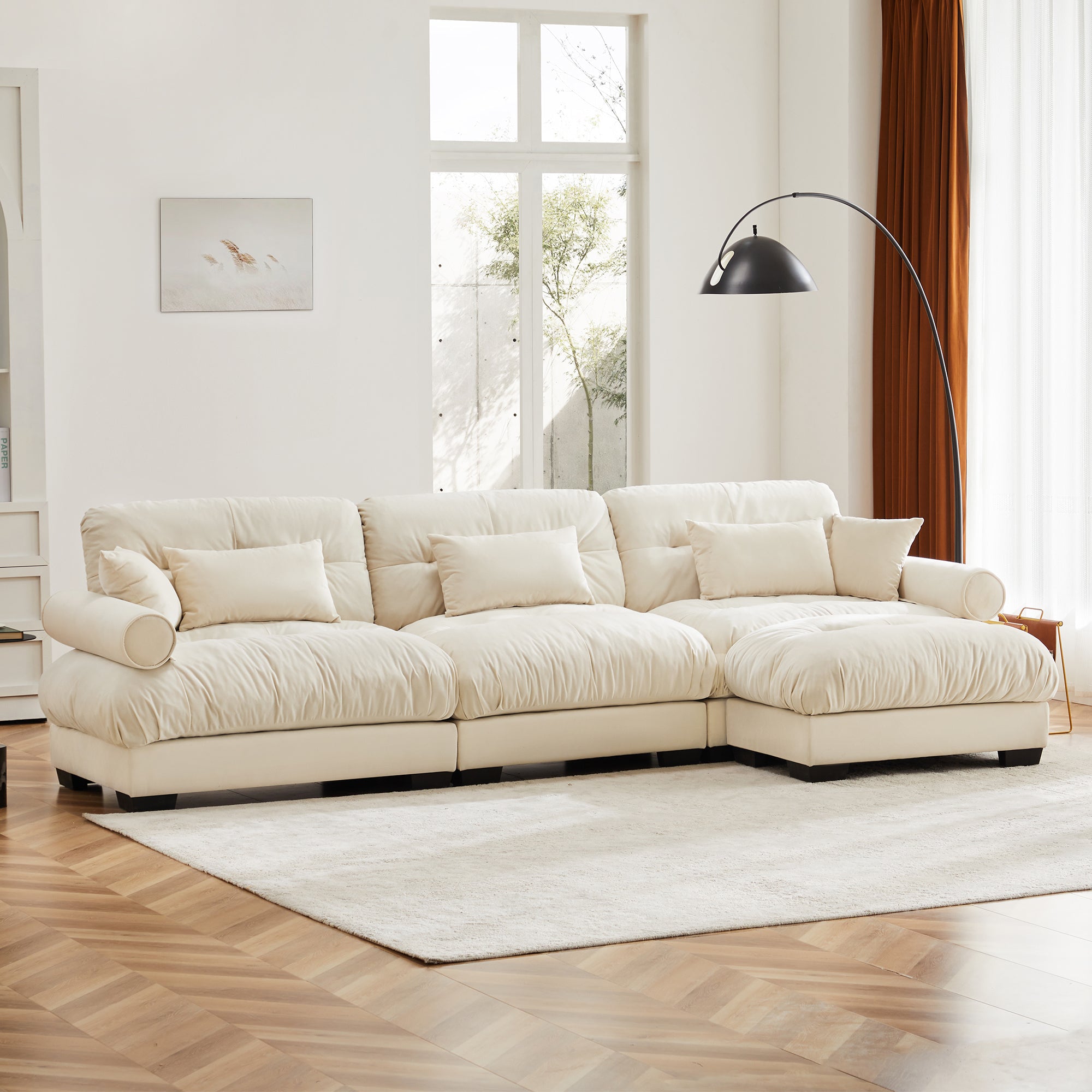 Oversized Modular Velvet Sectional Sofa with Ottoman, Deep Seat L-Shaped Cloud Couch for Living Room, Cream