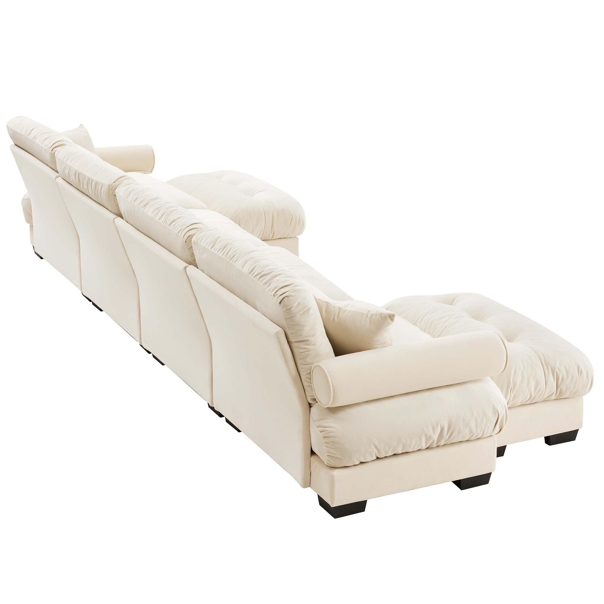 U-Shaped Velvet Sectional Cloud Couch with Movable Ottomans, Deep 4-Seater with Bolstered Armrests and Pillows, Cream