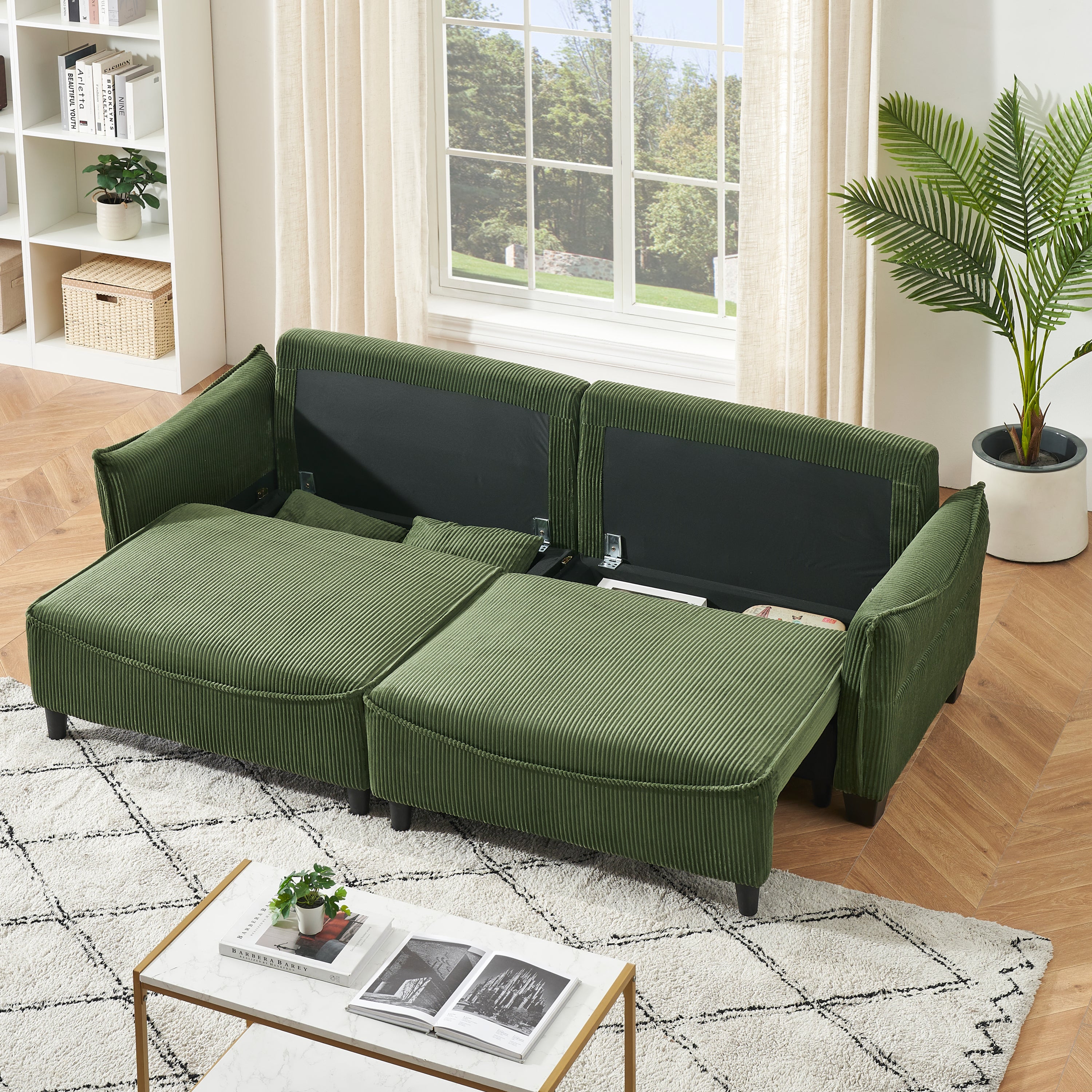 87.8" Green Corduroy Sofa Bed with Two Pillows - Ideal 3- Seater Design for Living Room