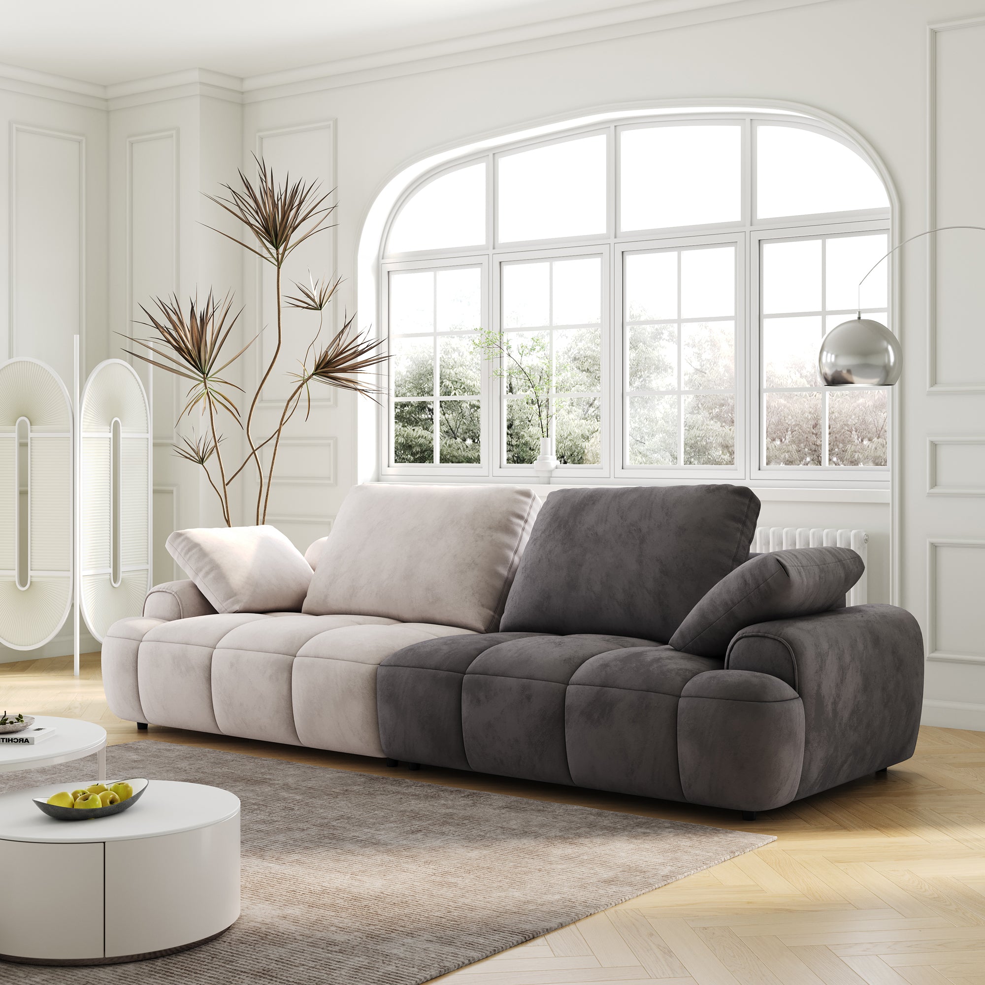 86.6″ Large size two Seat Sofa,Modern Upholstered,Beige paired with grey suede fabric