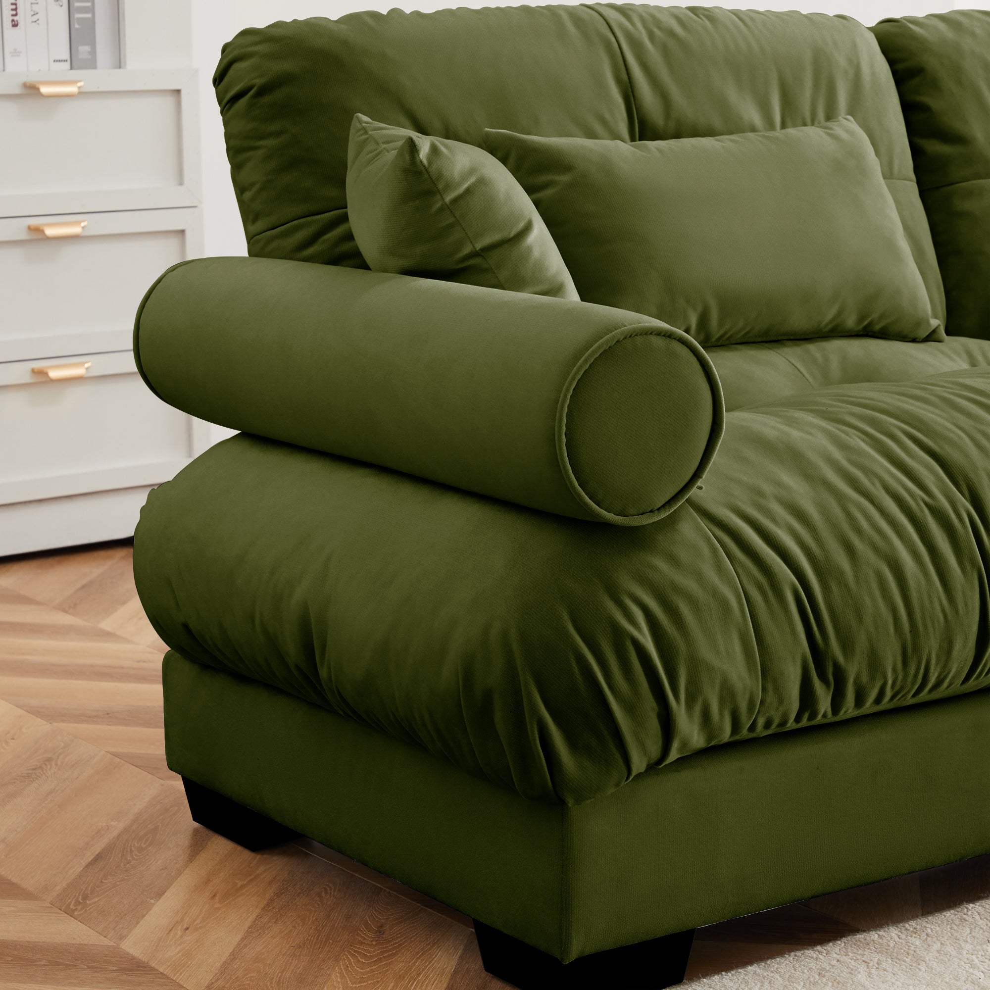 Oversized 4-Seater Velvet Sectional Sofa with Ottoman, Deep Seat Cloud Couch for Living Room, Oliver green