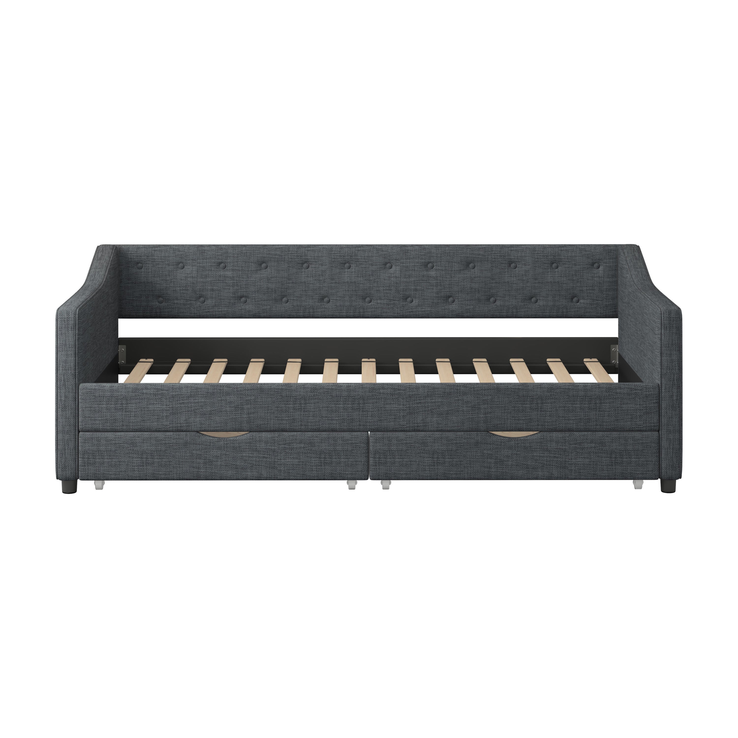 Twin Size Daybed with Drawers Upholstered Tufted Sofa Bed, with Button on Back and Piping on Waved Shape Arms-Dark Grey