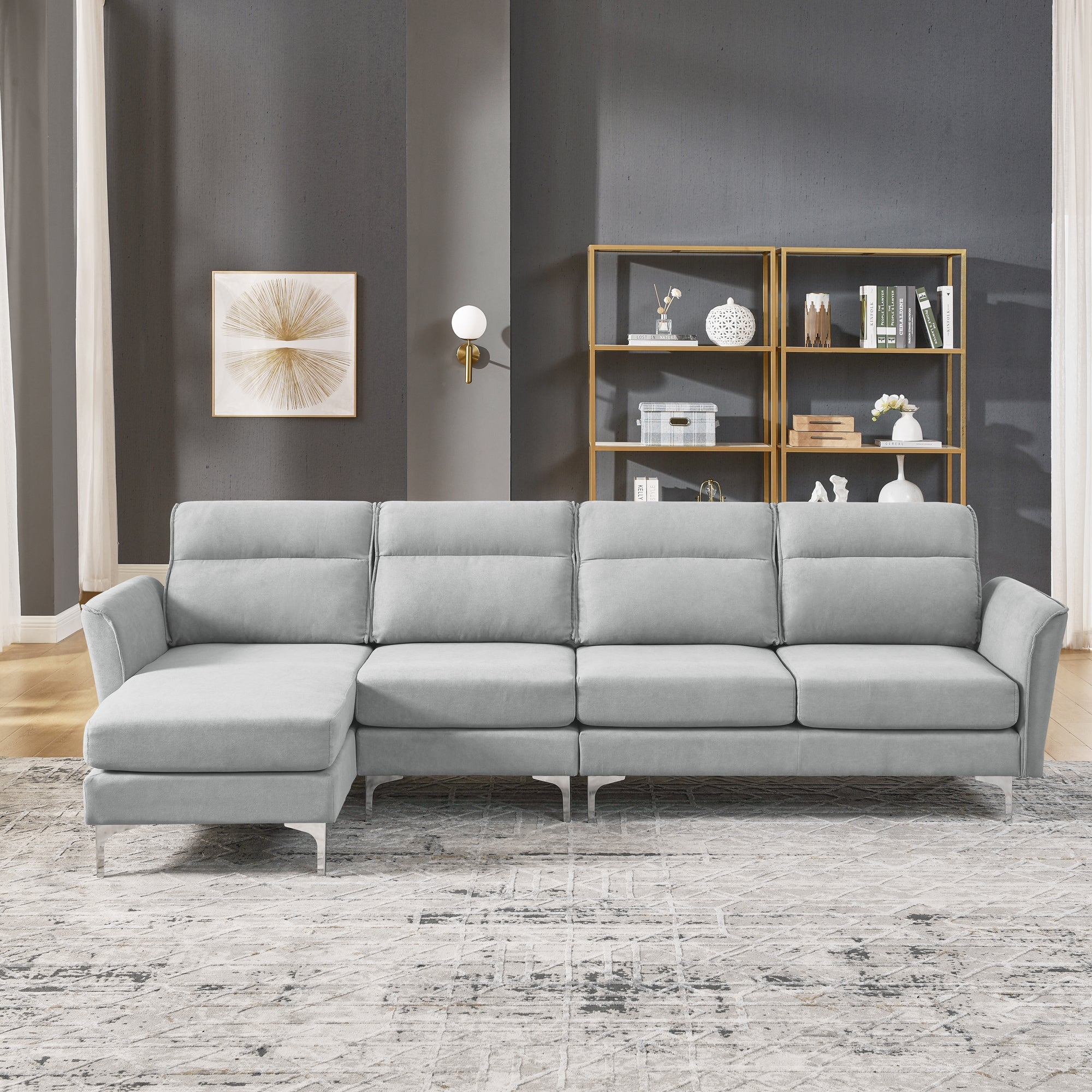 Modern Sofa 3-Seat Couch with Stainless Steel Trim and Metal Legs for Living Room,New package compression sofa technology,gray