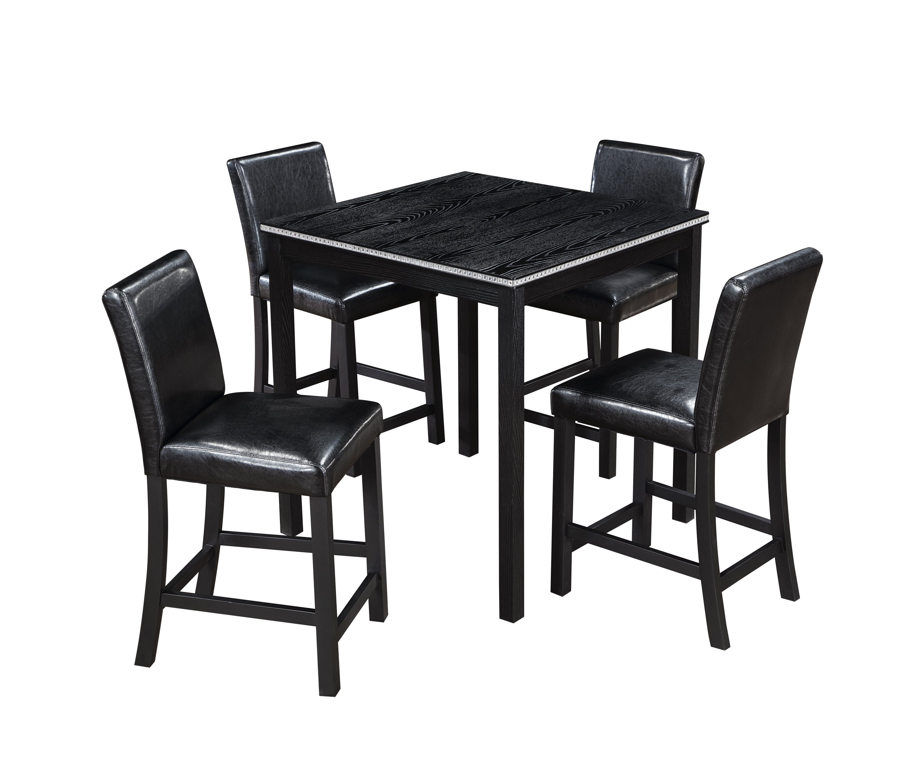 5 Piece Counter Height Table Set, Wooden Kitchen Table Set with Square Table and 4 Upholstered Chairs, Counter Height Dining Table with Crystal Decoration and Chair Set for Kitchen, Dining Room,Black