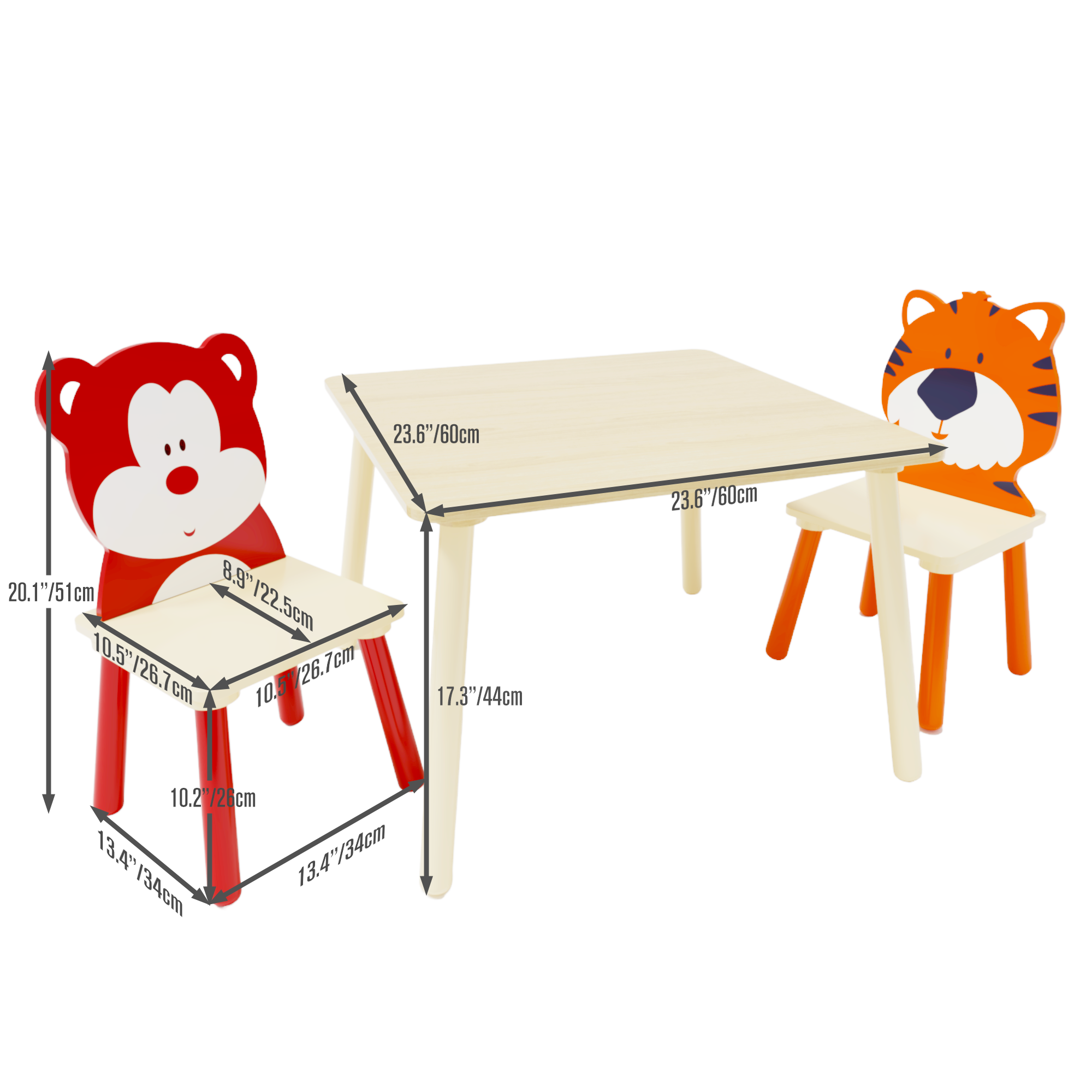 Kids Table and 2 Chairs Set, 3 Pieces Toddler Table and Chair Set, Wooden Activity Play Table Set (Bear&Tiger)