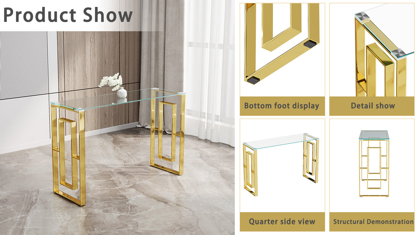 Console Table Stainless Steel Glass,Meal side table Golden Clear